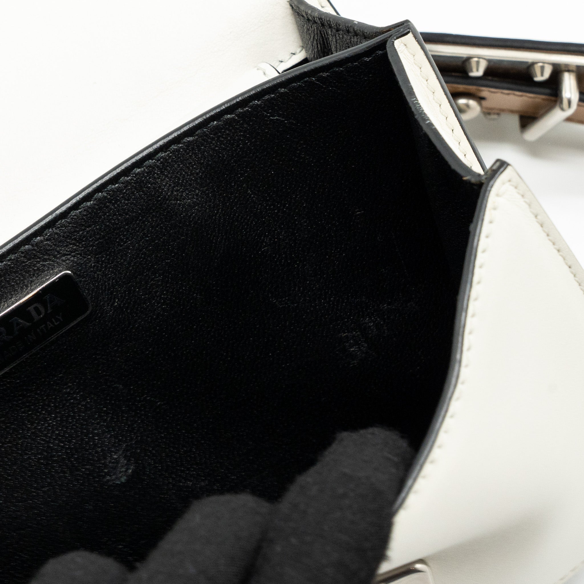 PRADA CAHIER EMBELLISHED TWO-TONE LEATHER SHOULDER BAG WHITE / CARAMEL SHW