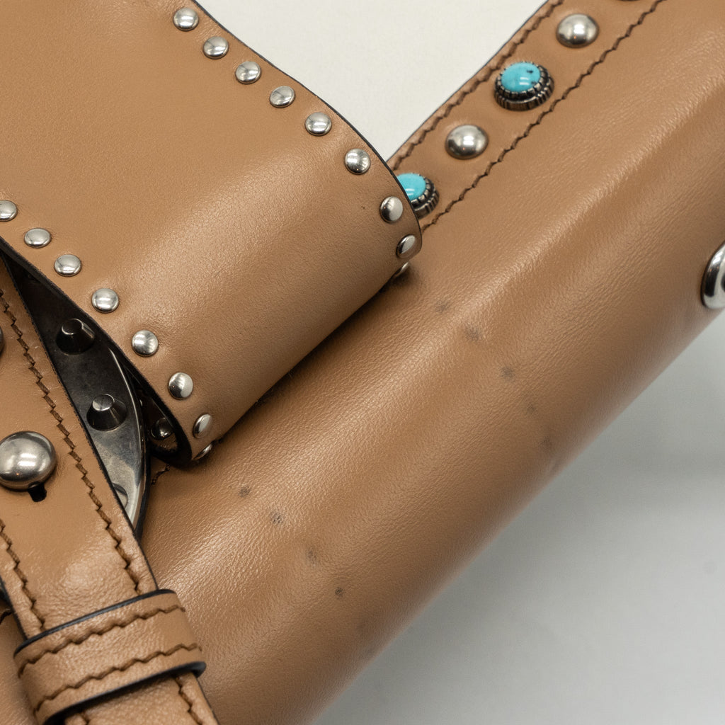 PRADA CAHIER EMBELLISHED TWO-TONE LEATHER SHOULDER BAG WHITE / CARAMEL SHW