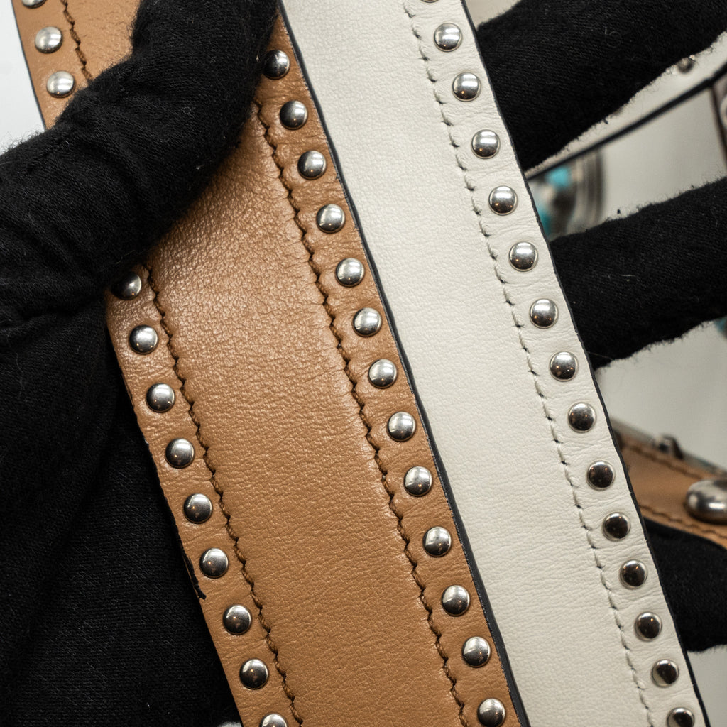 PRADA CAHIER EMBELLISHED TWO-TONE LEATHER SHOULDER BAG WHITE / CARAMEL SHW