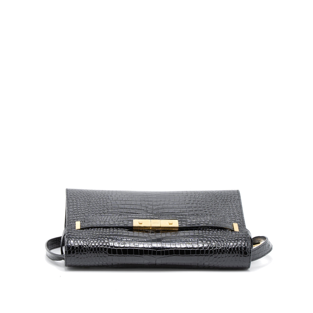 SAINT LAURENT MANHATTAN SHOULDER BAG CROCODILE-EMBOSSED BLACK GHW