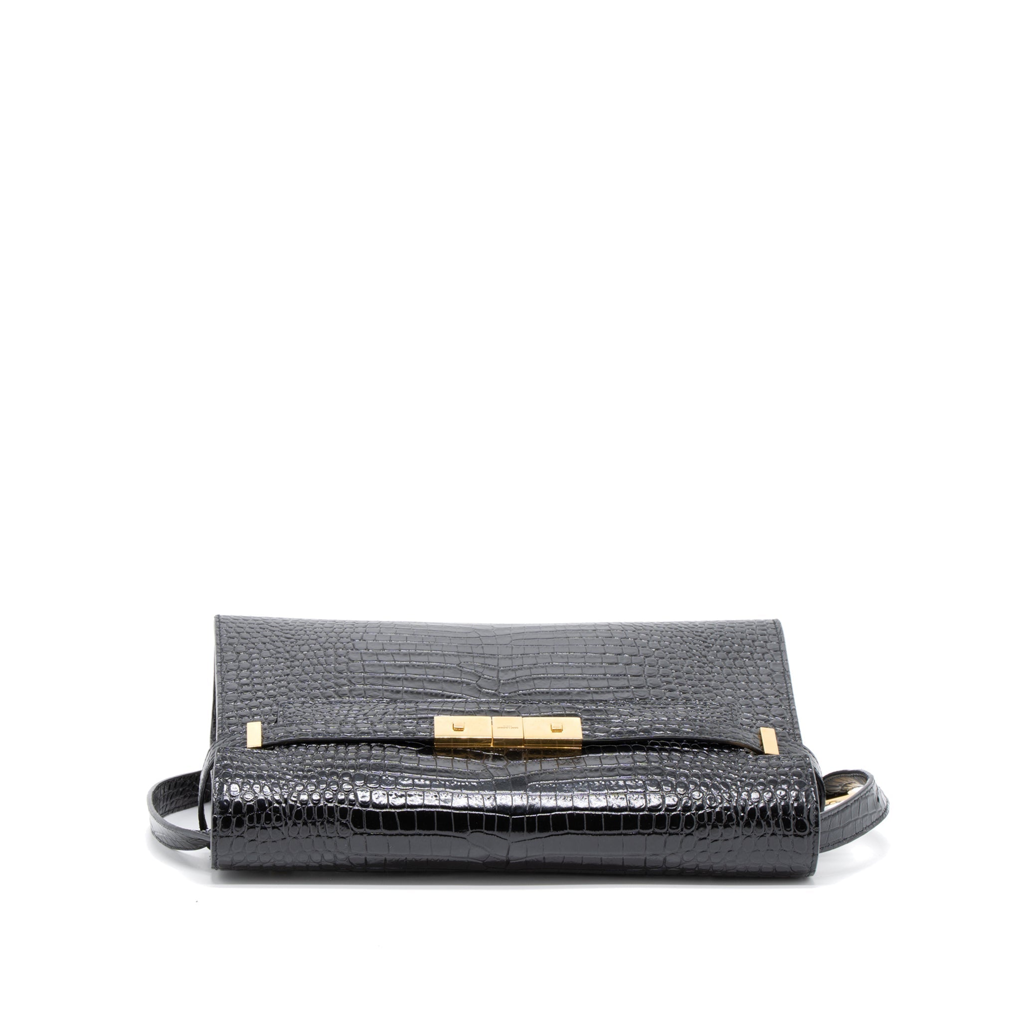 SAINT LAURENT MANHATTAN SHOULDER BAG CROCODILE-EMBOSSED BLACK GHW