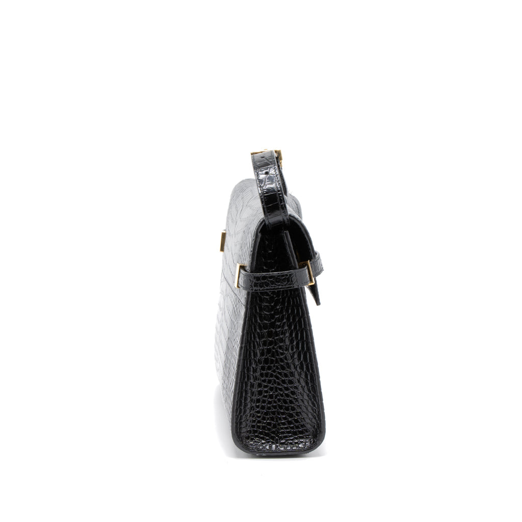 SAINT LAURENT MANHATTAN SHOULDER BAG CROCODILE-EMBOSSED BLACK GHW