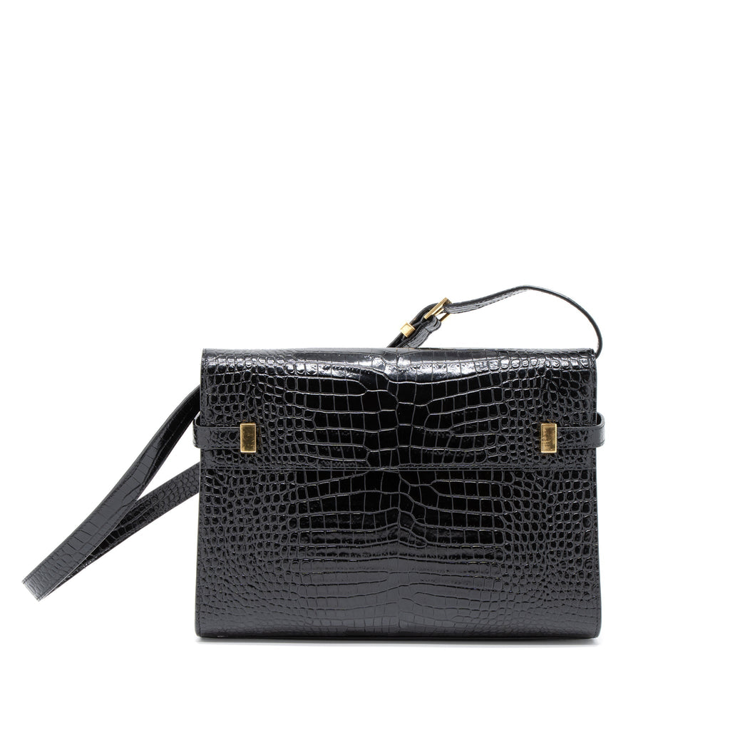 SAINT LAURENT MANHATTAN SHOULDER BAG CROCODILE-EMBOSSED BLACK GHW
