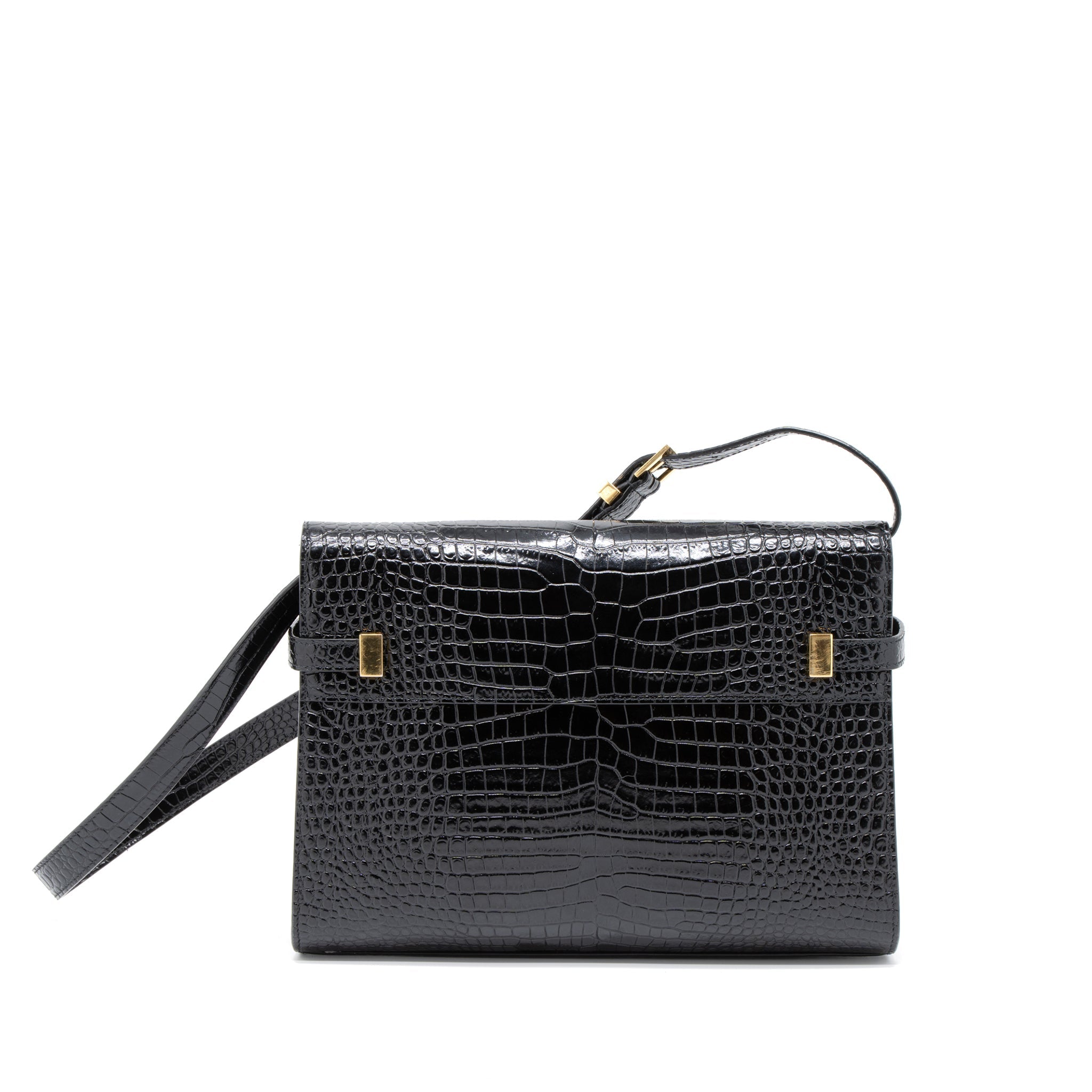 SAINT LAURENT MANHATTAN SHOULDER BAG CROCODILE-EMBOSSED BLACK GHW