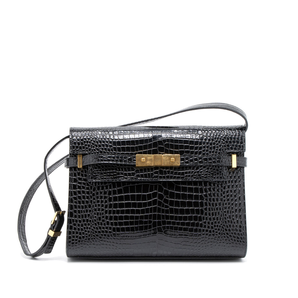 SAINT LAURENT MANHATTAN SHOULDER BAG CROCODILE-EMBOSSED BLACK GHW