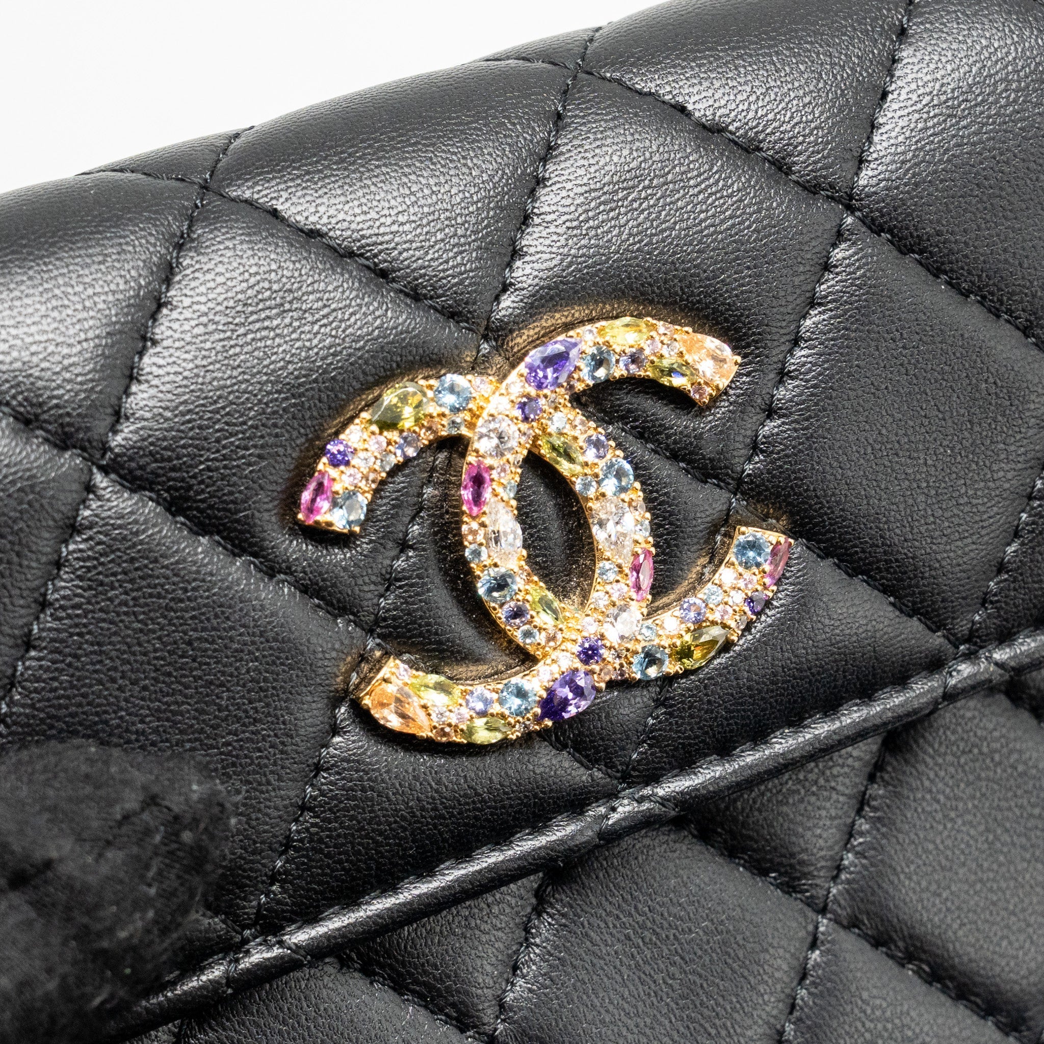 CHANEL ZIRCONIUM FLAP CLUTCH/CARD HOLDER WITH CHAIN LAMBSKIN BLACK GHW