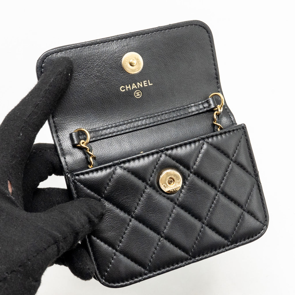 CHANEL ZIRCONIUM FLAP CLUTCH/CARD HOLDER WITH CHAIN LAMBSKIN BLACK GHW