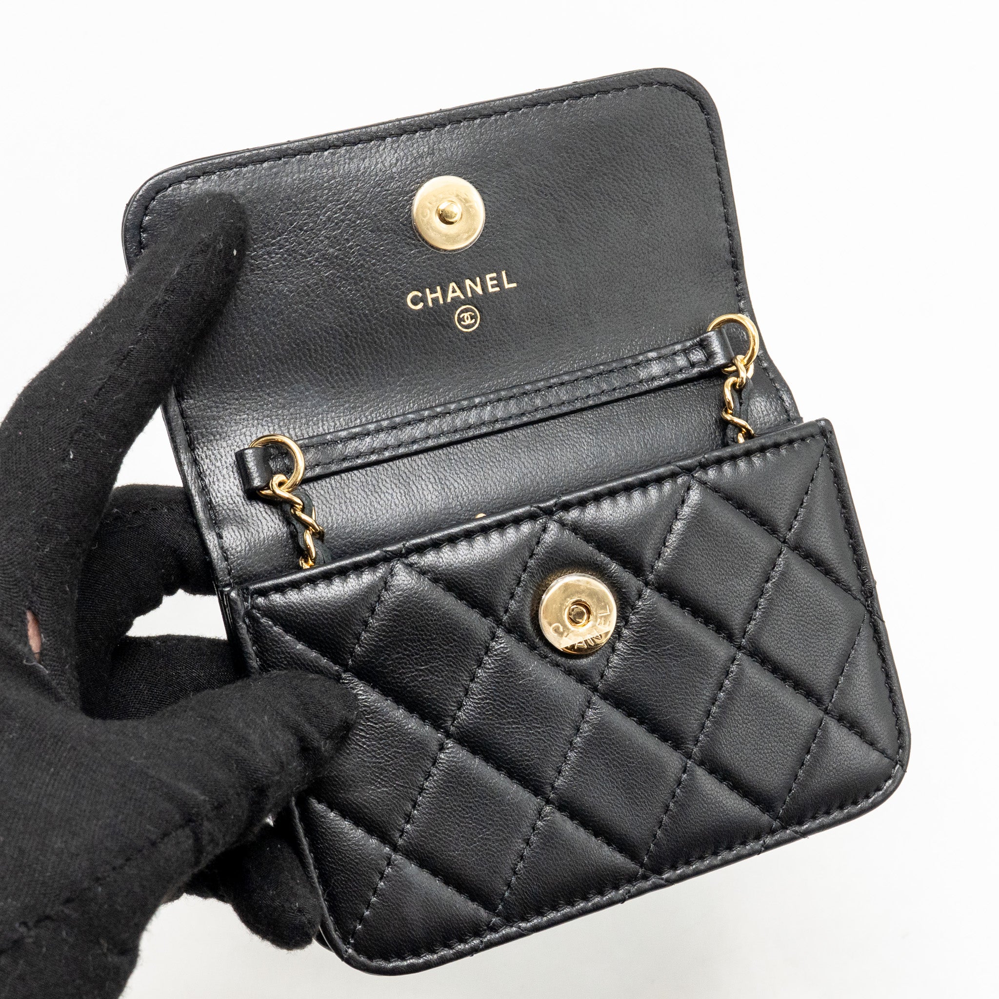 CHANEL ZIRCONIUM FLAP CLUTCH/CARD HOLDER WITH CHAIN LAMBSKIN BLACK GHW