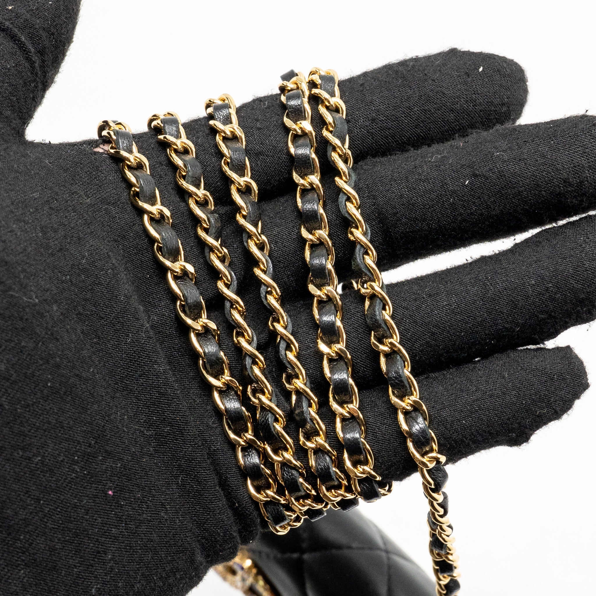 CHANEL ZIRCONIUM FLAP CLUTCH/CARD HOLDER WITH CHAIN LAMBSKIN BLACK GHW