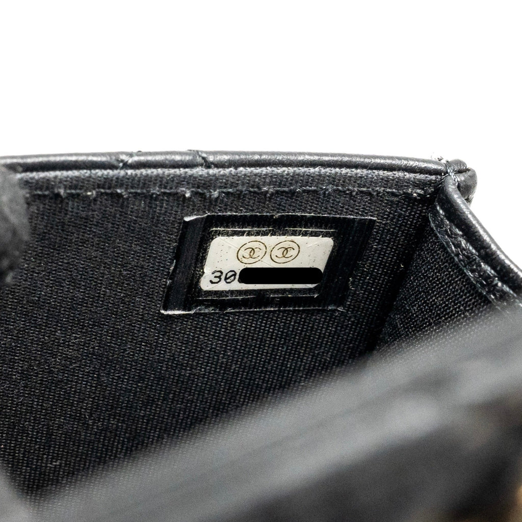 CHANEL ZIRCONIUM FLAP CLUTCH/CARD HOLDER WITH CHAIN LAMBSKIN BLACK GHW