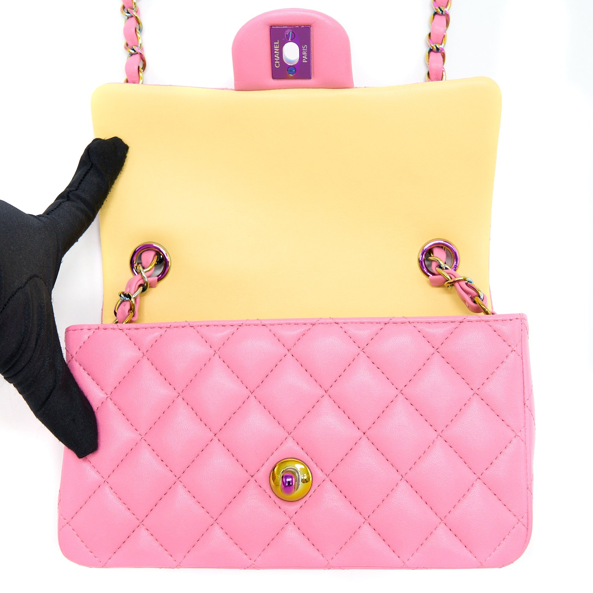 CHANEL 21P MINI RECTANGULAR FLAG BAG LAMBSKIN PINK WITH MULTI HARDWARE