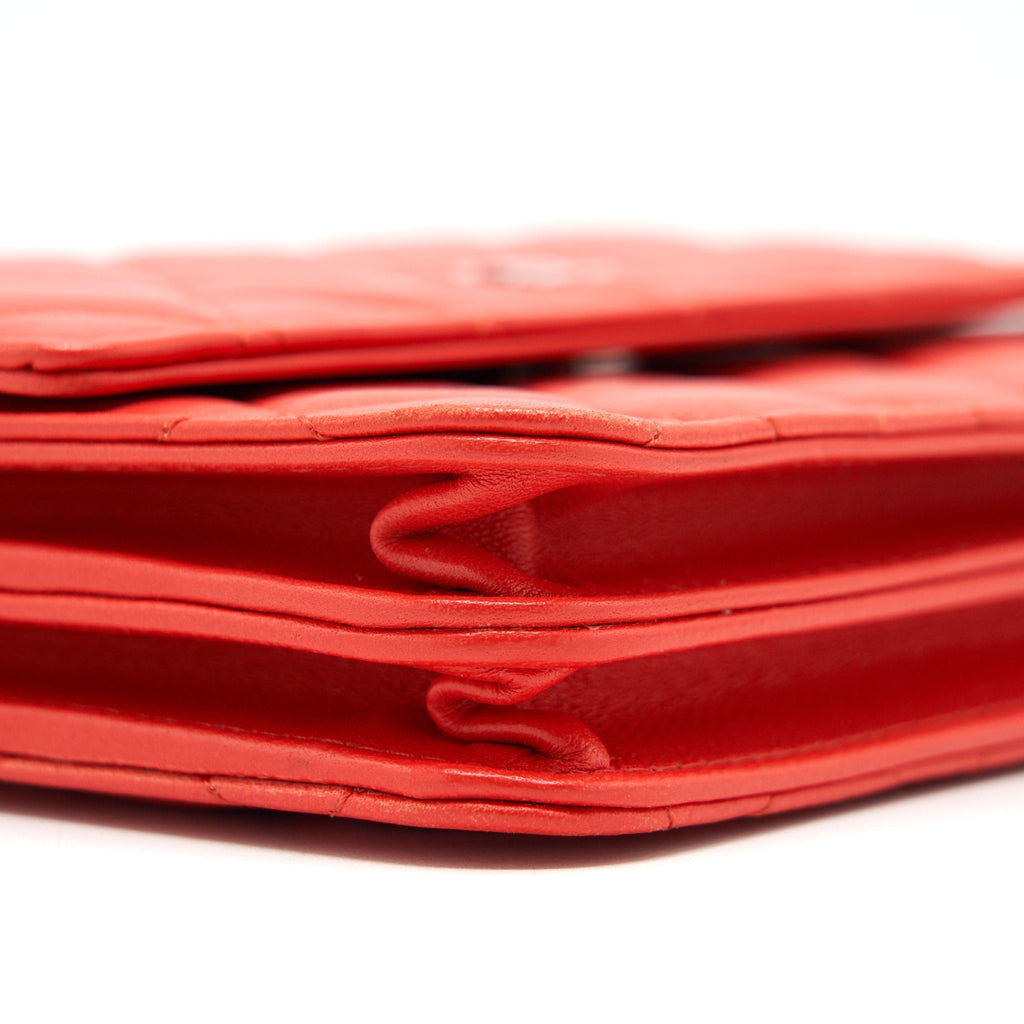 CHANEL SQUARE WALLET ON CHAIN CORAL RED LAMBSKIN SHW