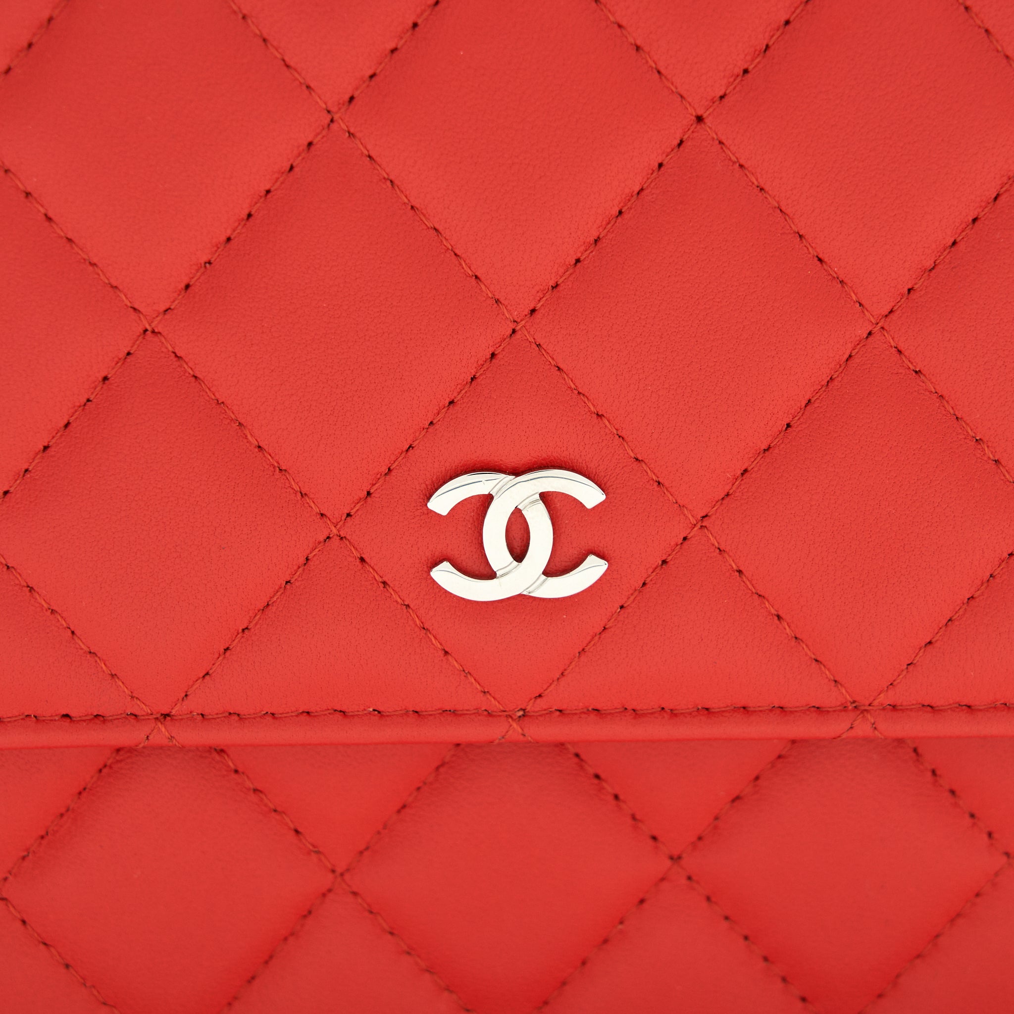CHANEL SQUARE WALLET ON CHAIN CORAL RED LAMBSKIN SHW