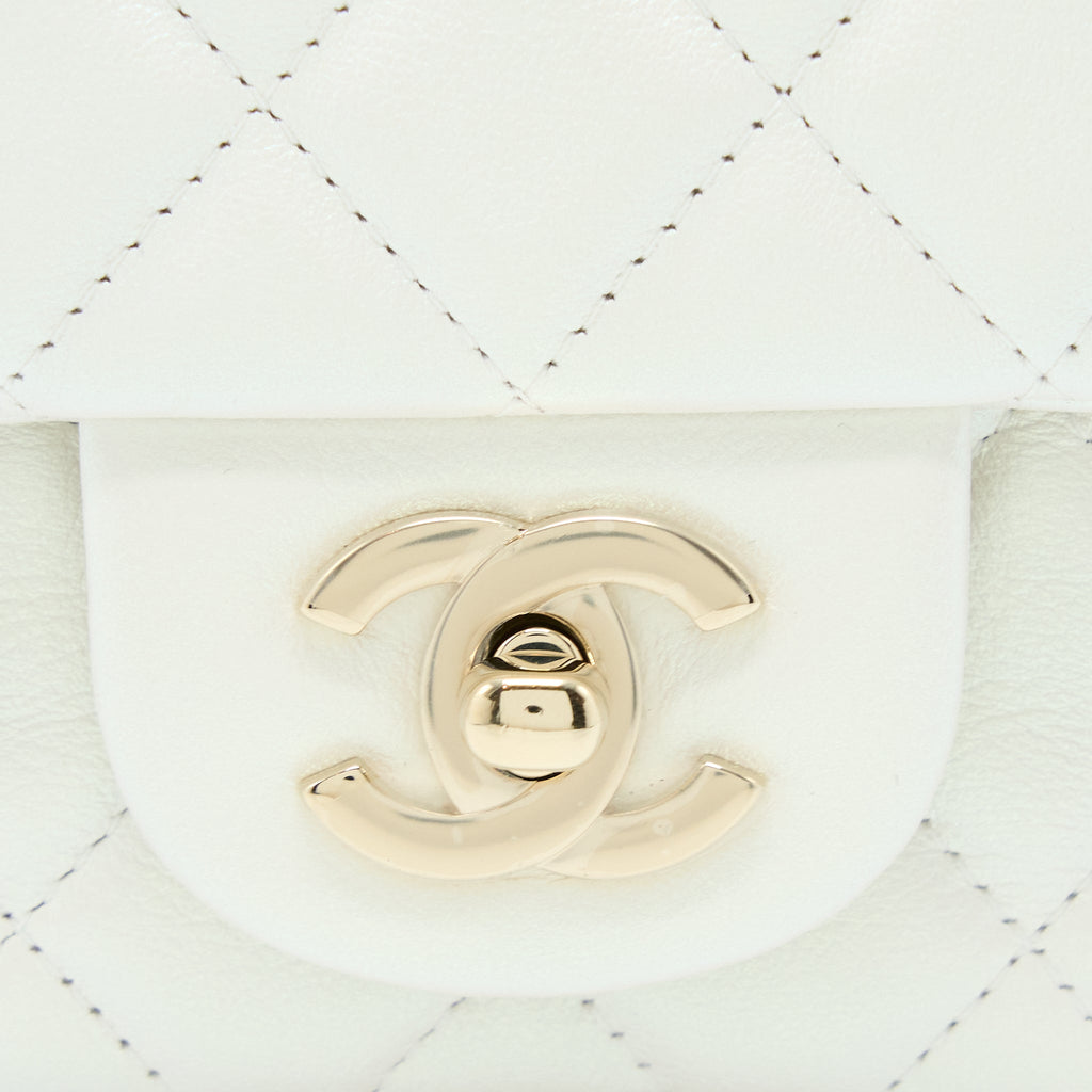 CHANEL CLASSIC MINI RECTANGULAR FLAP BAG CALFSKIN IRIDESCENT WHITE LGHW