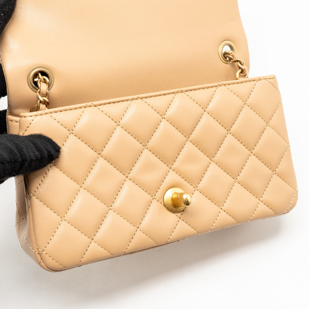 CHANEL PEARL CRUSH MINI RECTANGULAR FLAP BAG LAMBSKIN BEIGE GHW (MICROCHIP)
