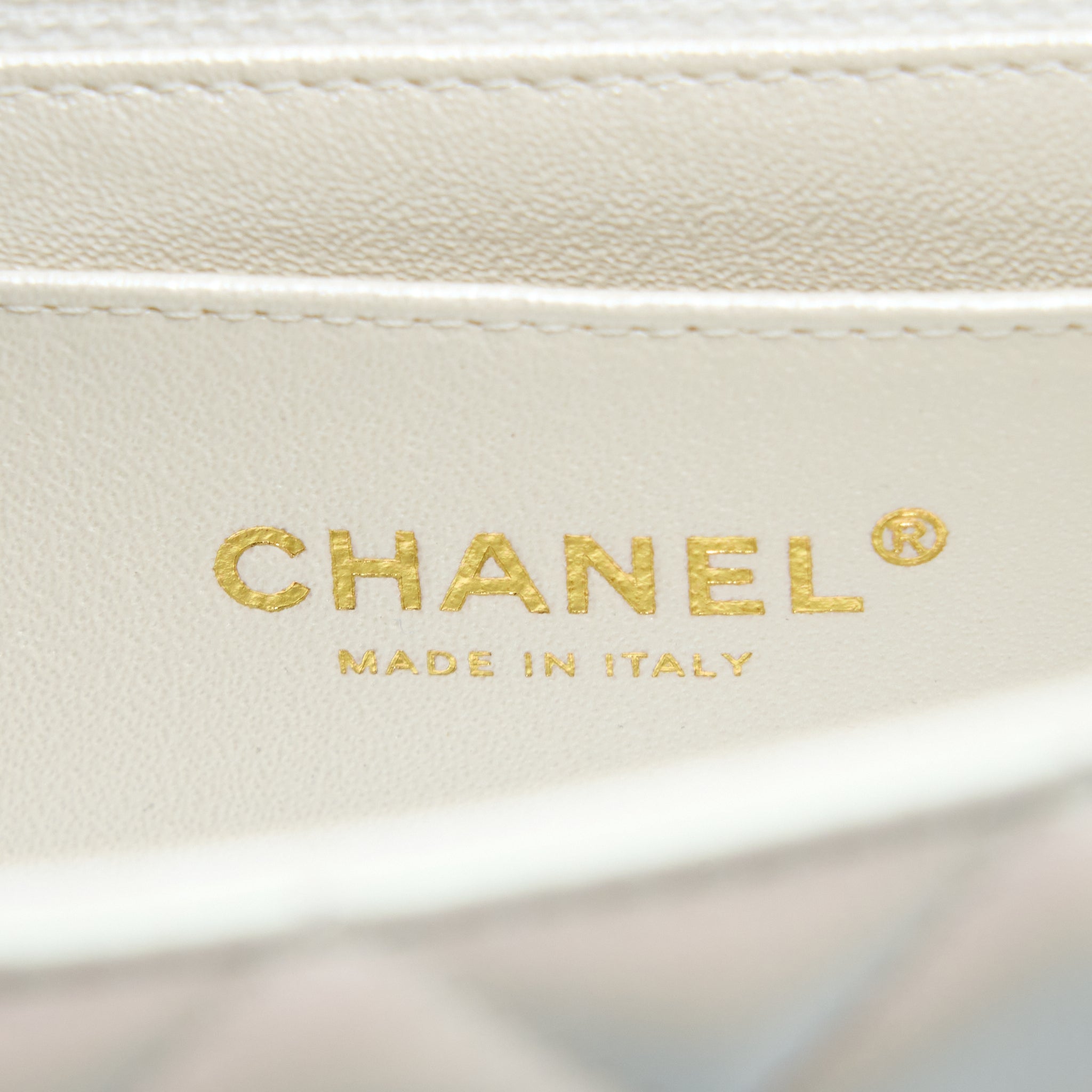 CHANEL CLASSIC MINI RECTANGULAR FLAP BAG CALFSKIN IRIDESCENT WHITE LGHW