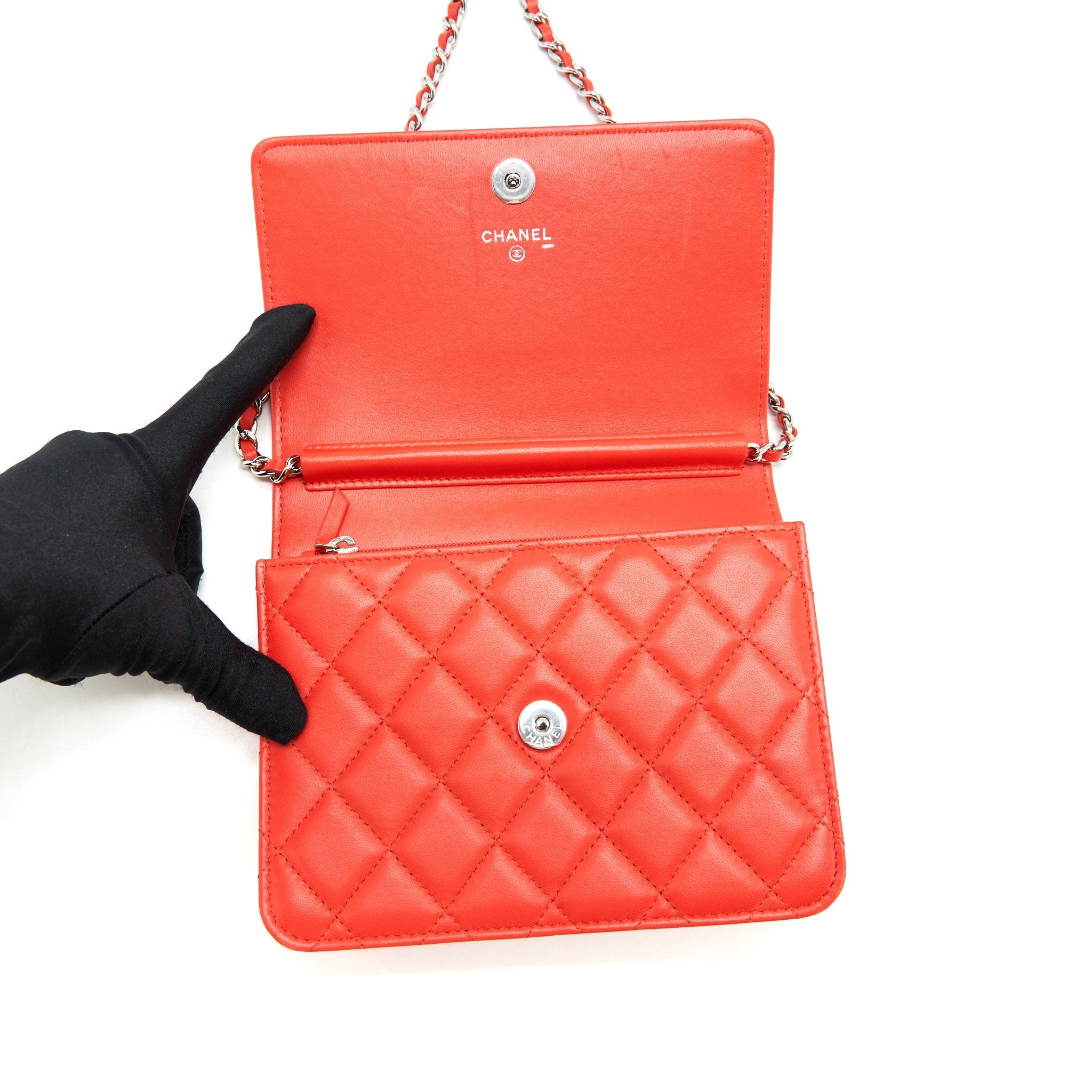 CHANEL SQUARE WALLET ON CHAIN CORAL RED LAMBSKIN SHW