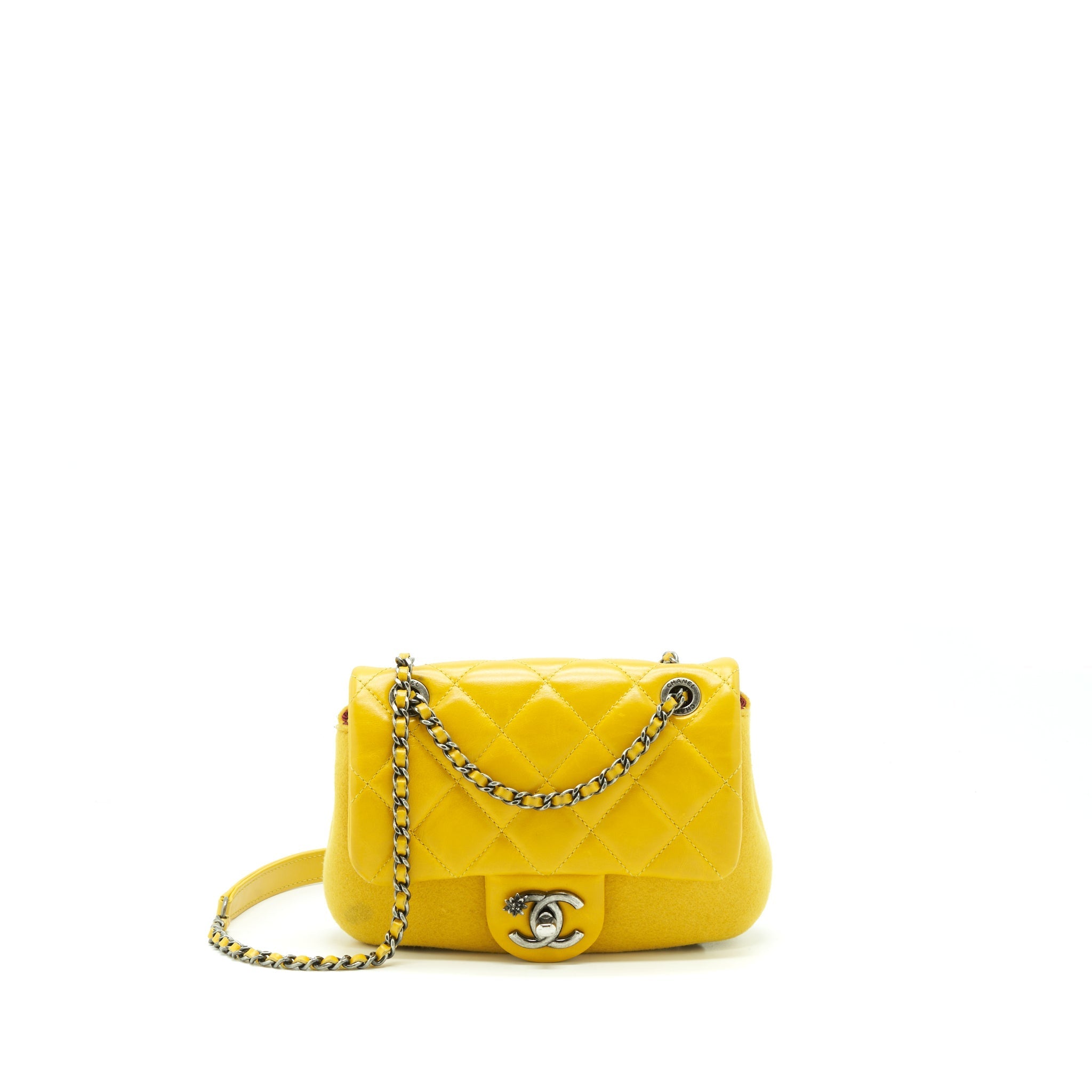 CHANEL SEASONAL LIMITED FLAP BAG LEATHER AND FABRIC YELLOW WITH RUTHENIUM HARDWARE