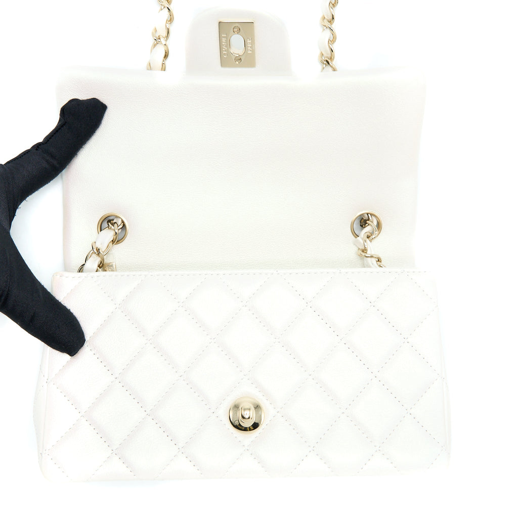 CHANEL CLASSIC MINI RECTANGULAR FLAP BAG CALFSKIN IRIDESCENT WHITE LGHW