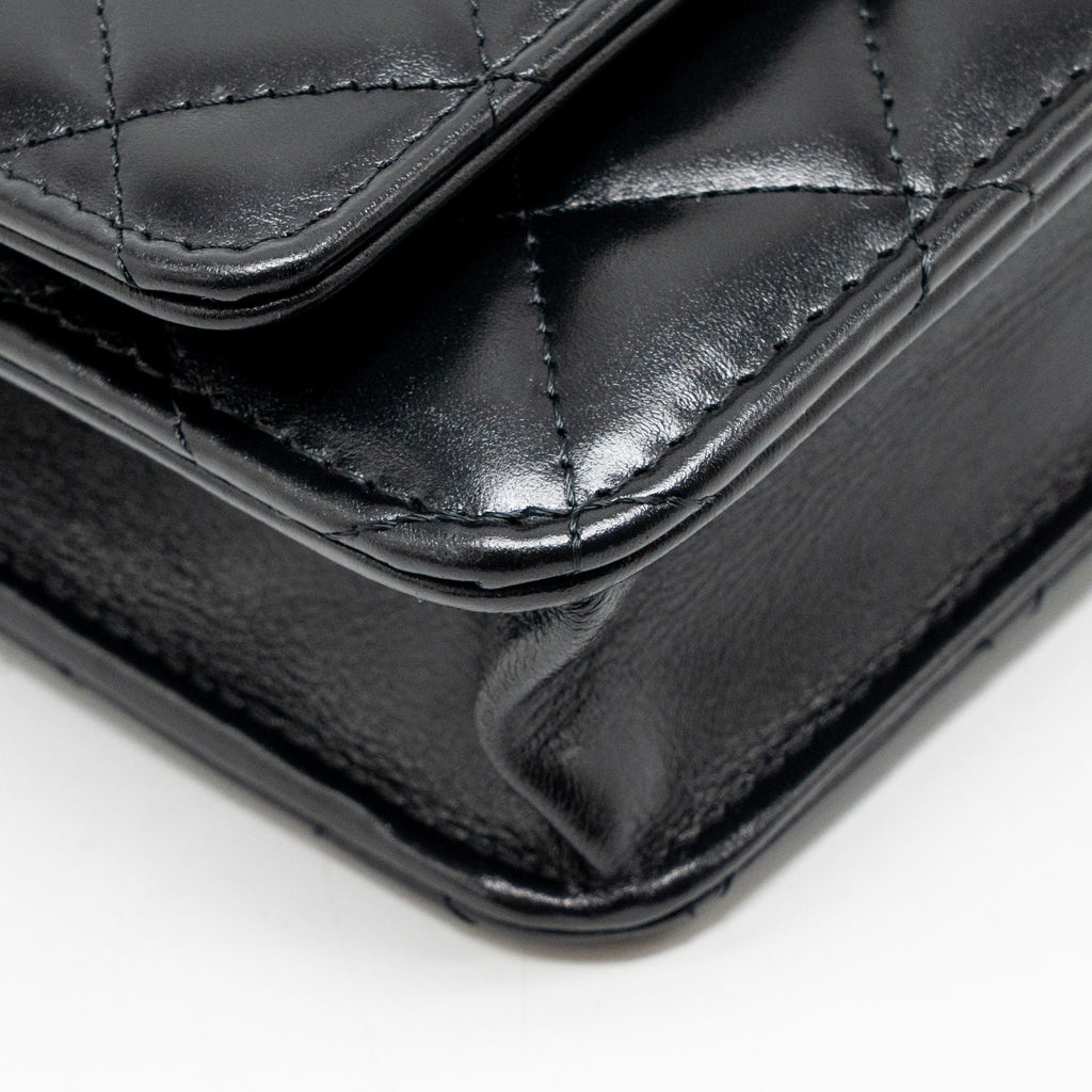 CHANEL GOLD CRUSH WALLET ON CHAIN CALFSKIN BLACK GHW (MICROCHIP)