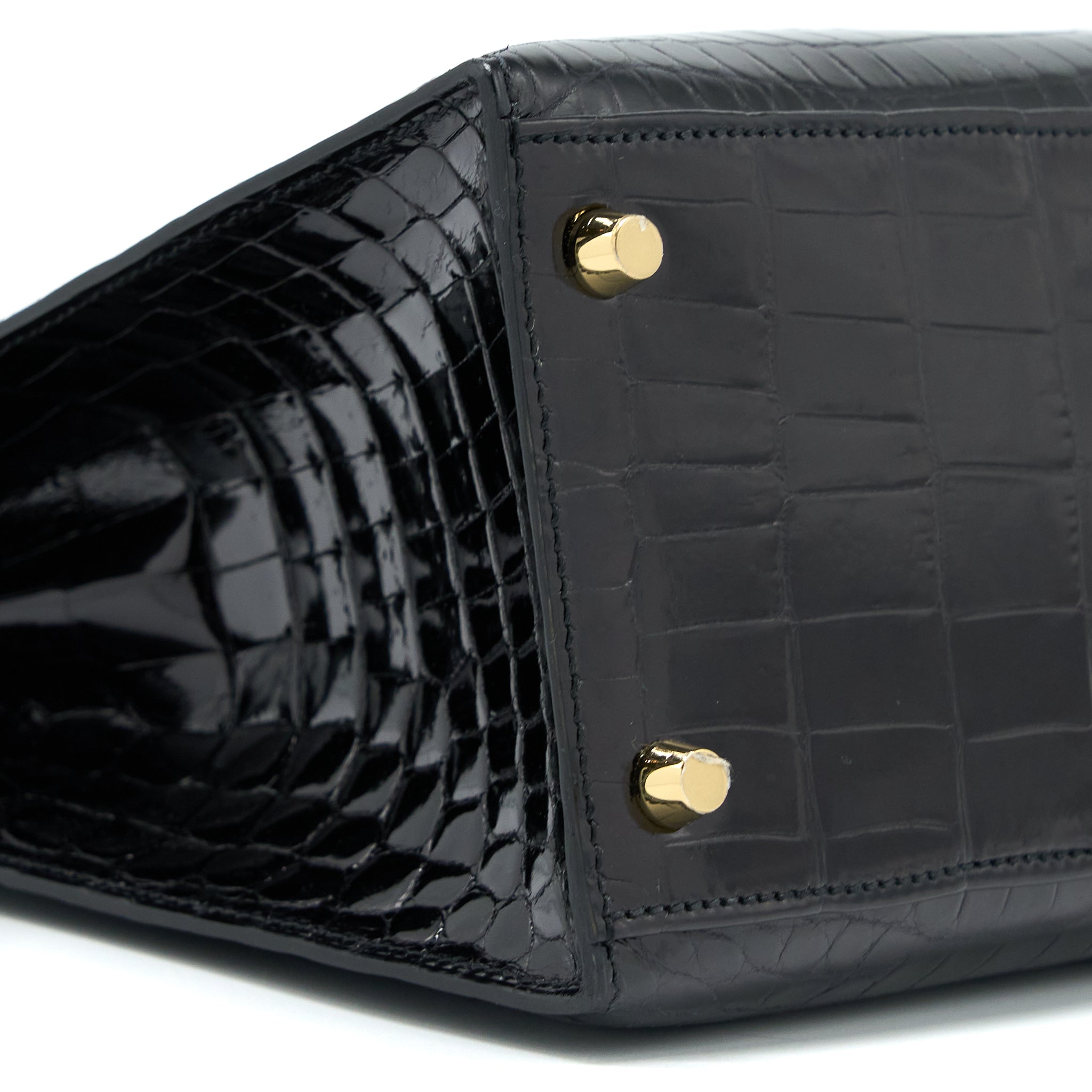 HERMES KELLY 28 SELLIER SHINY NILOTICUS CROCODILE BLACK GHW