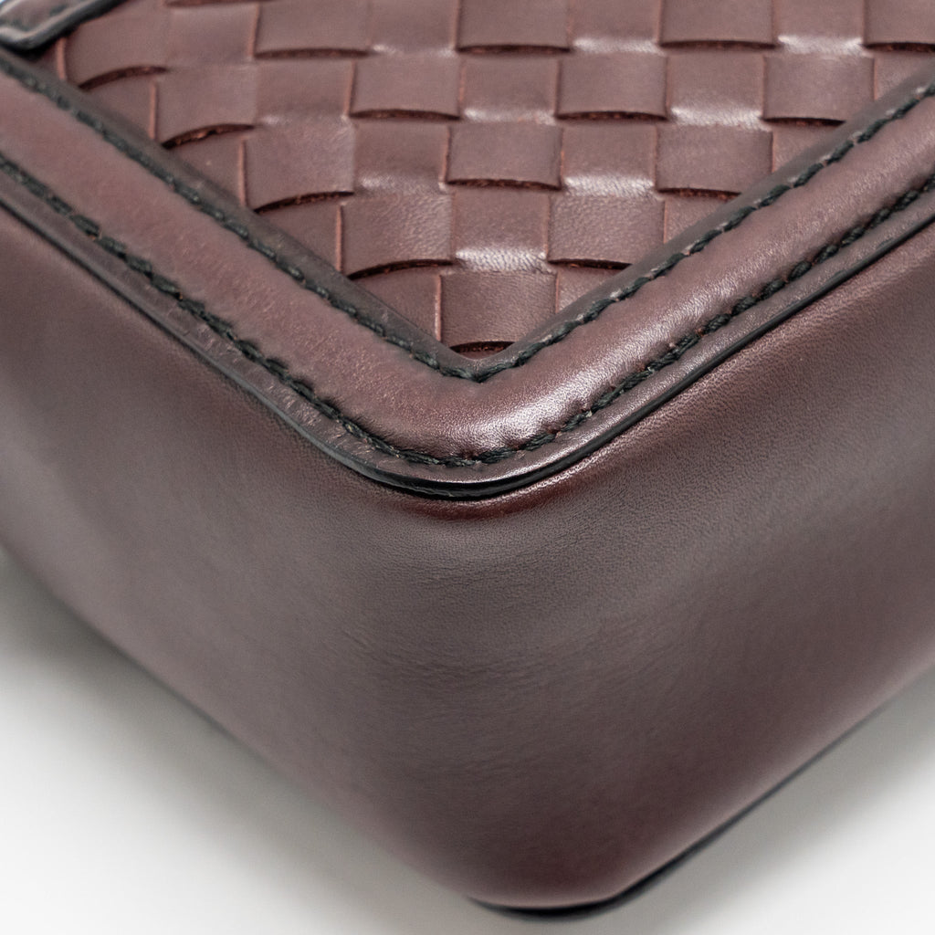 BOTTEGA VENETA MINI INTRECCIATO FLAP BAG LEATHER DARK BROWN WITH BLACK HARDWARE