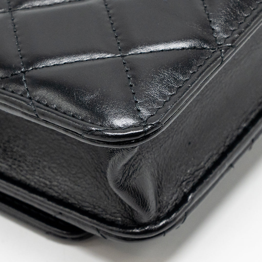 CHANEL GOLD CRUSH WALLET ON CHAIN CALFSKIN BLACK GHW (MICROCHIP)