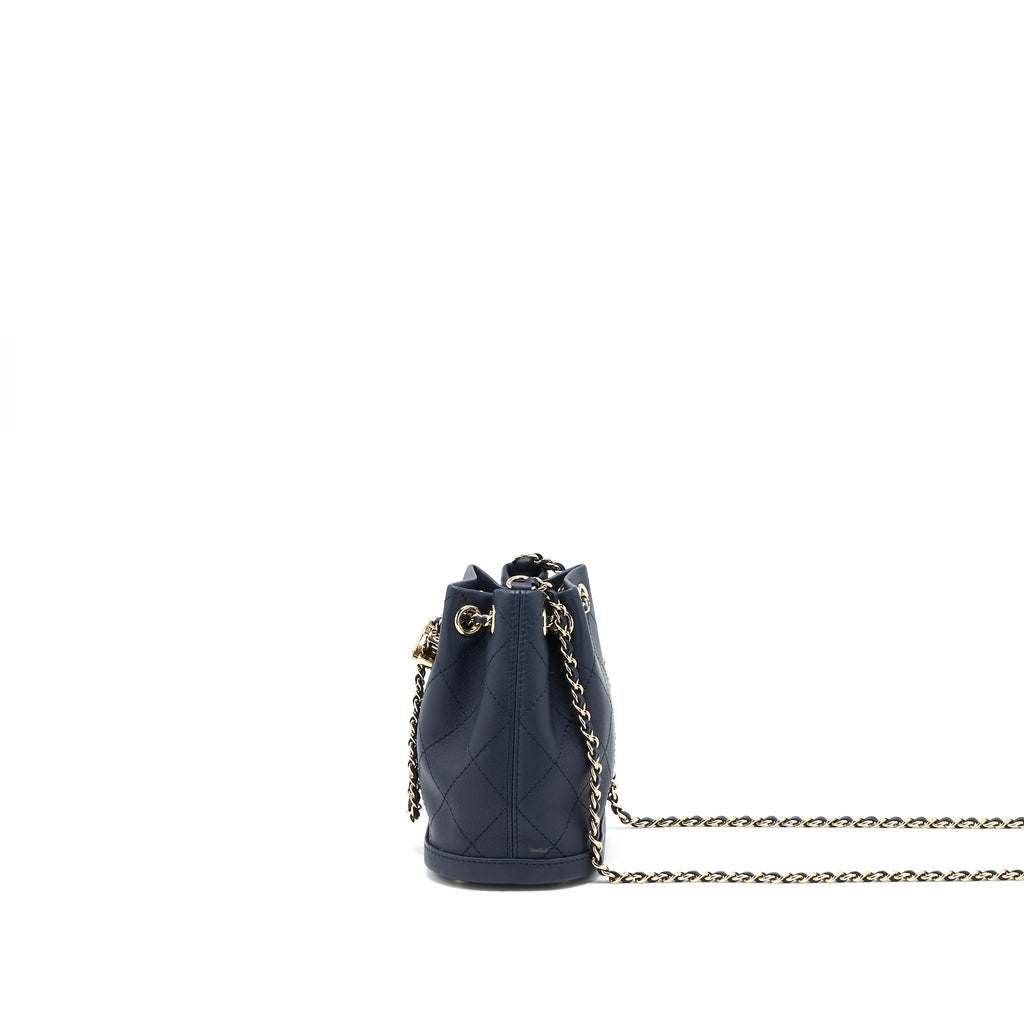 CHANEL MINI DRAWSTRING BUCKET BAG LAMBSKIN NAVY GHW