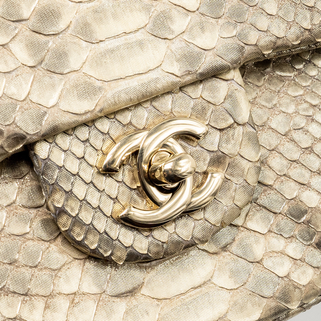 CHANEL MEDIUM CLASSIC DOUBLE FLAP BAG PYTHON GOLD GHW