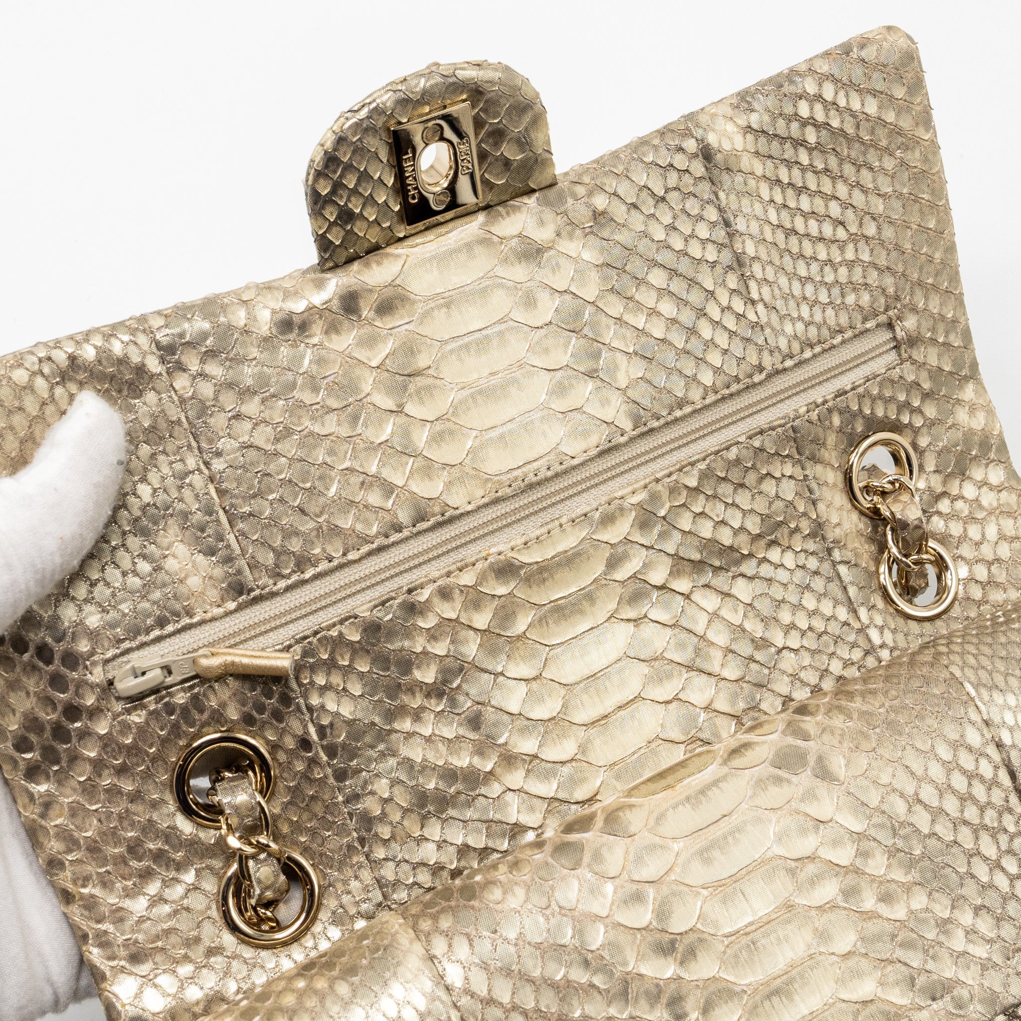 CHANEL MEDIUM CLASSIC DOUBLE FLAP BAG PYTHON GOLD GHW