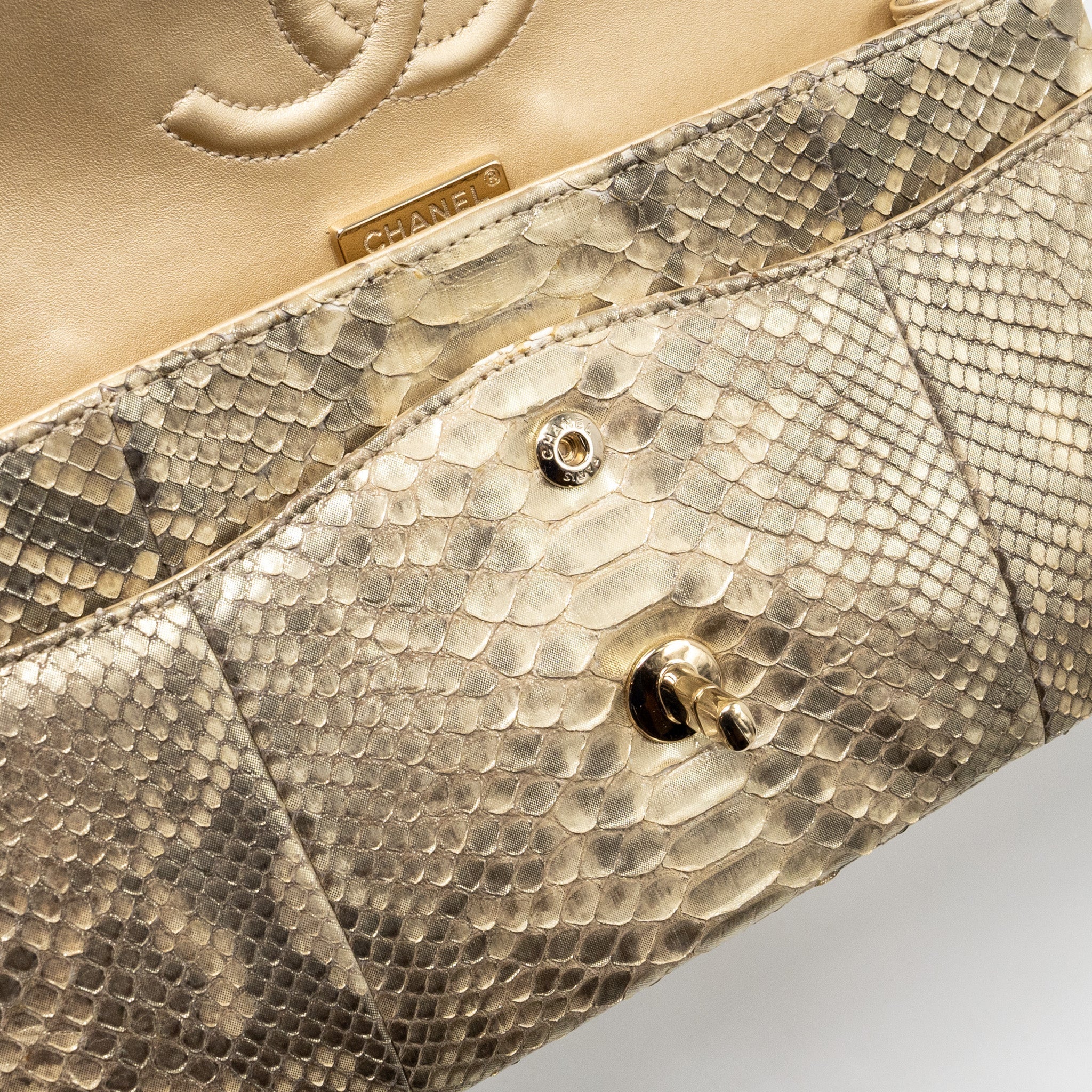 CHANEL MEDIUM CLASSIC DOUBLE FLAP BAG PYTHON GOLD GHW