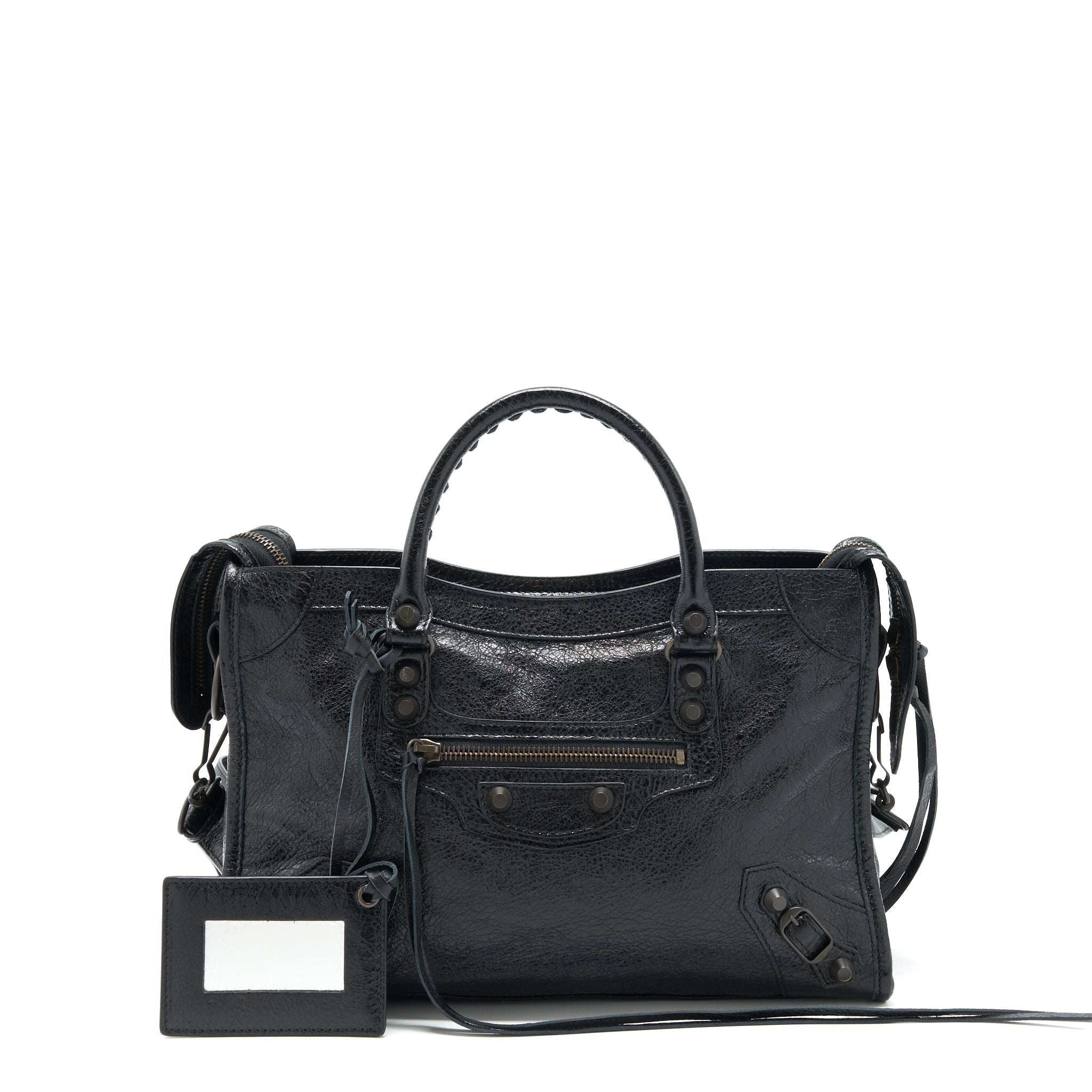 BALENCIAGA SMALL CLASSIC CITY CROSSBODY BAG BLACK WITH LOGO PRINT STRAP