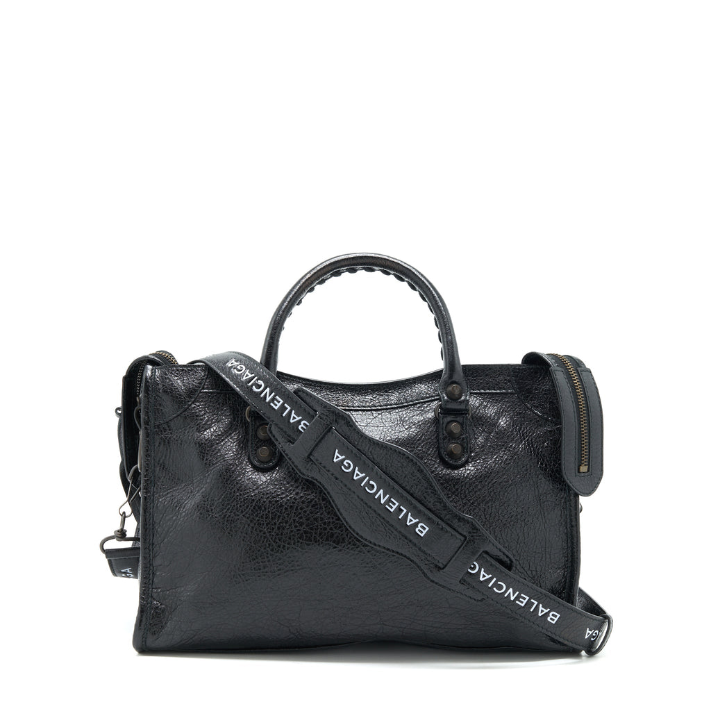 BALENCIAGA SMALL CLASSIC CITY CROSSBODY BAG BLACK WITH LOGO PRINT STRAP