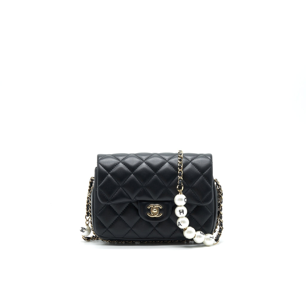 CHANEL LOGO PEARL CHAIN MINI FLAP BAG GHW