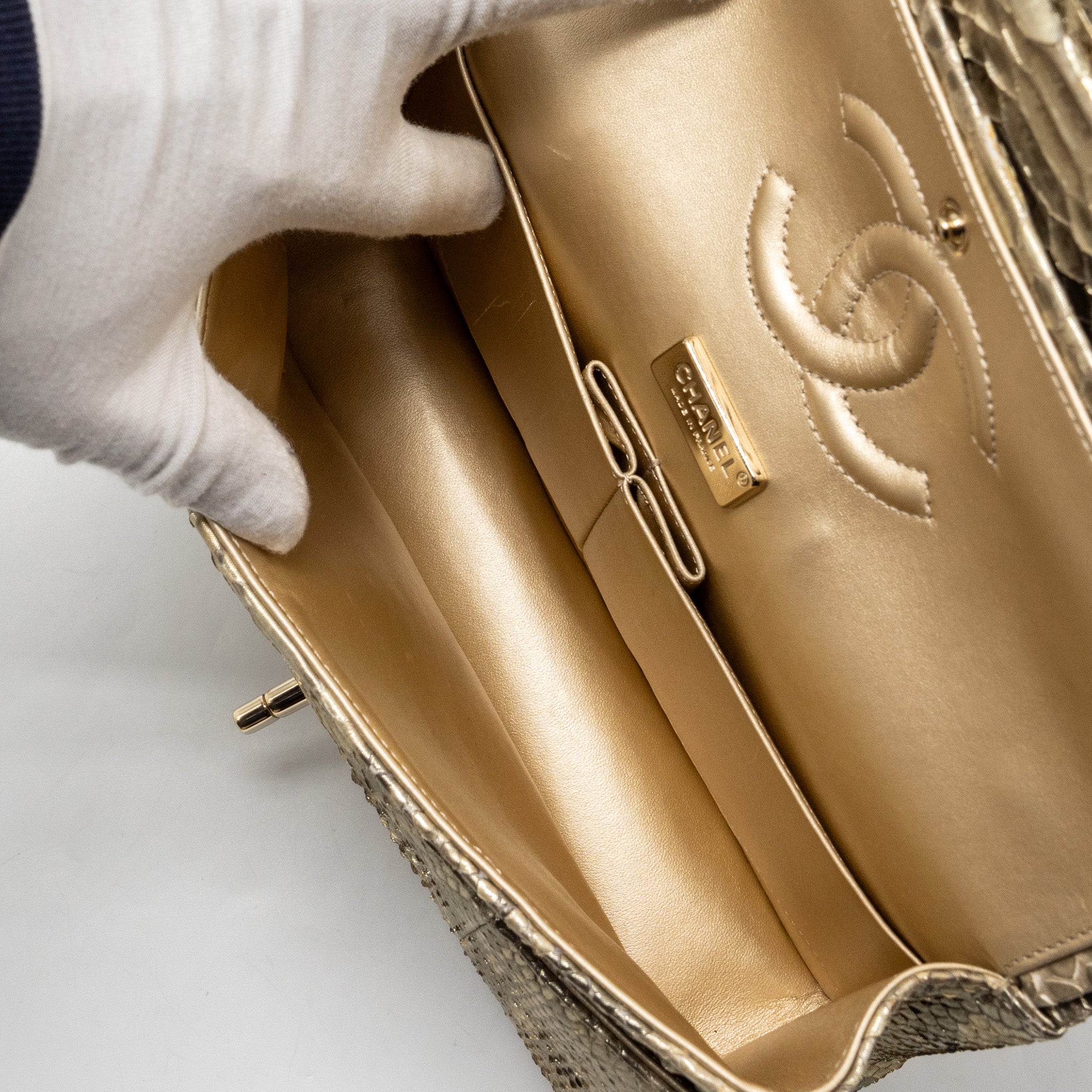 CHANEL MEDIUM CLASSIC DOUBLE FLAP BAG PYTHON GOLD GHW