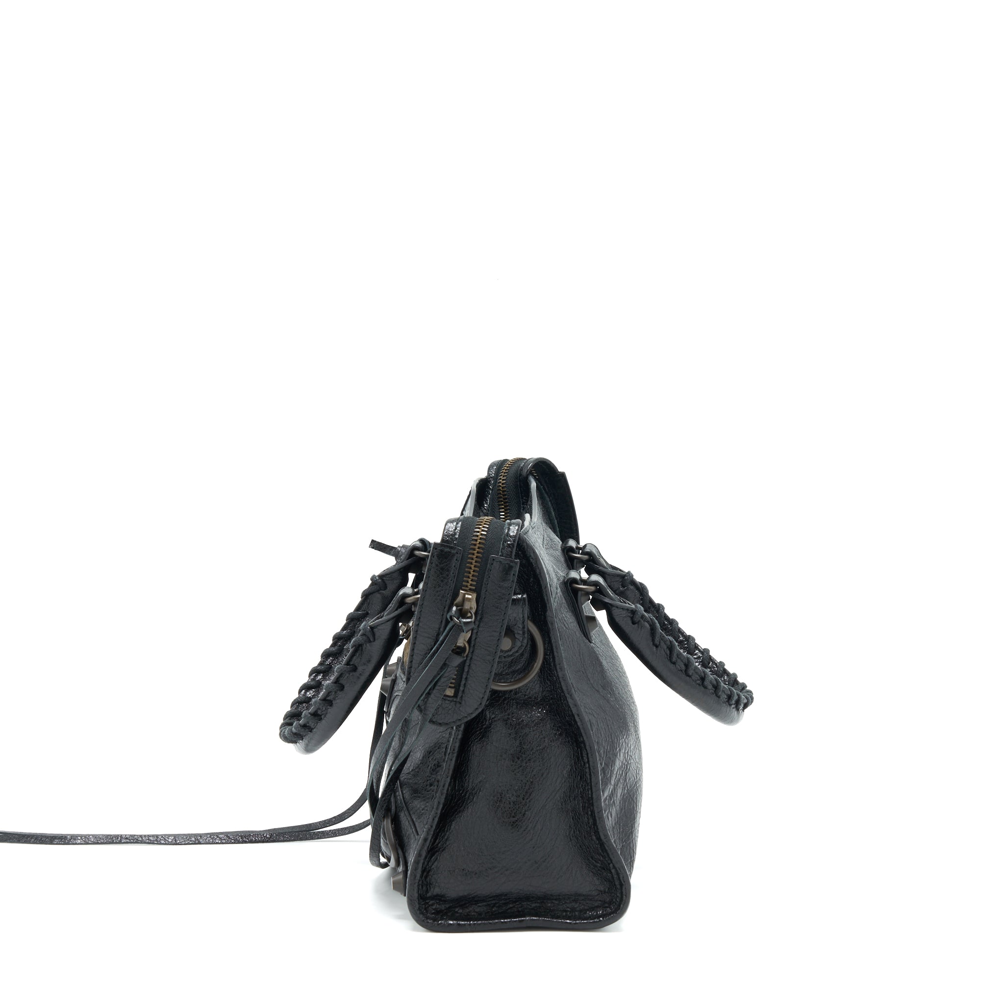 BALENCIAGA SMALL CLASSIC CITY CROSSBODY BAG BLACK WITH LOGO PRINT STRAP