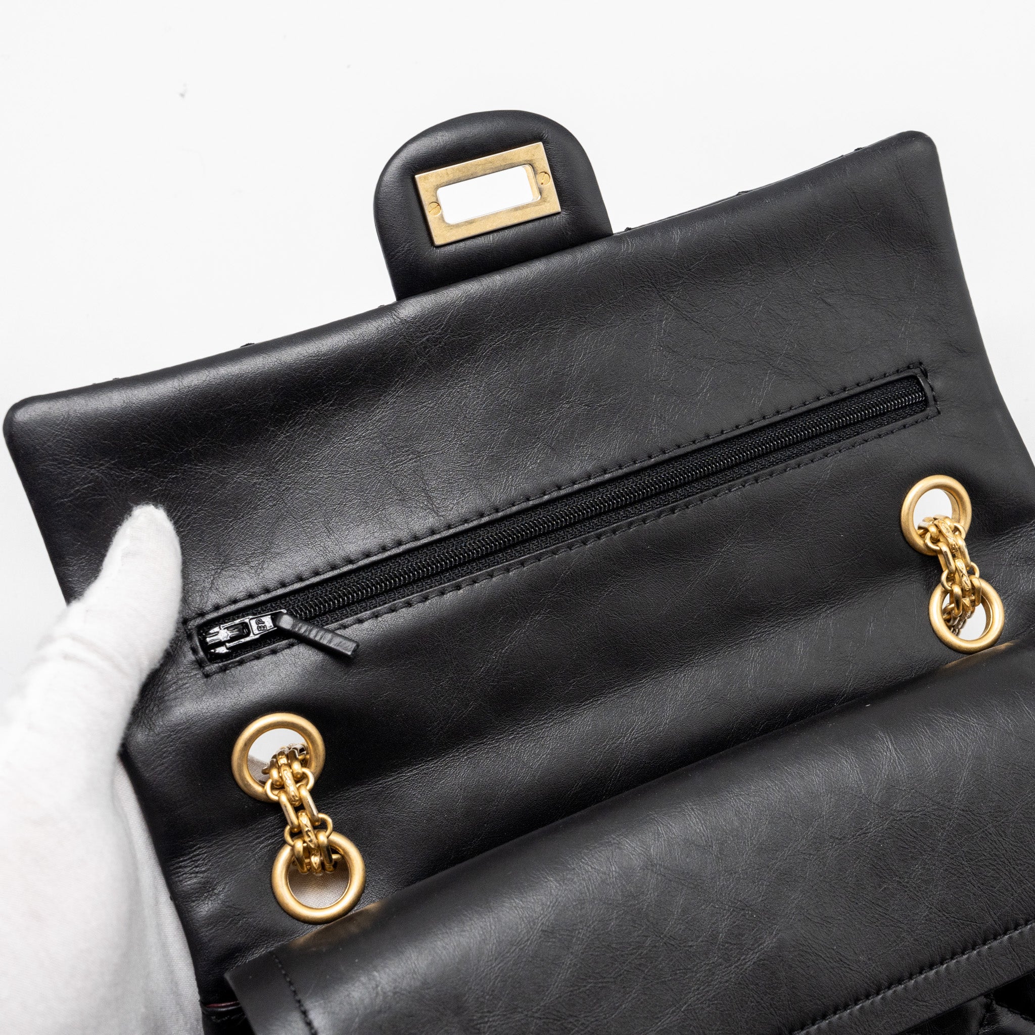 CHANEL SMALL 2.55 REISSUE DOUBLE FLAP BAG AGED CALFSKIN BLACK GHW