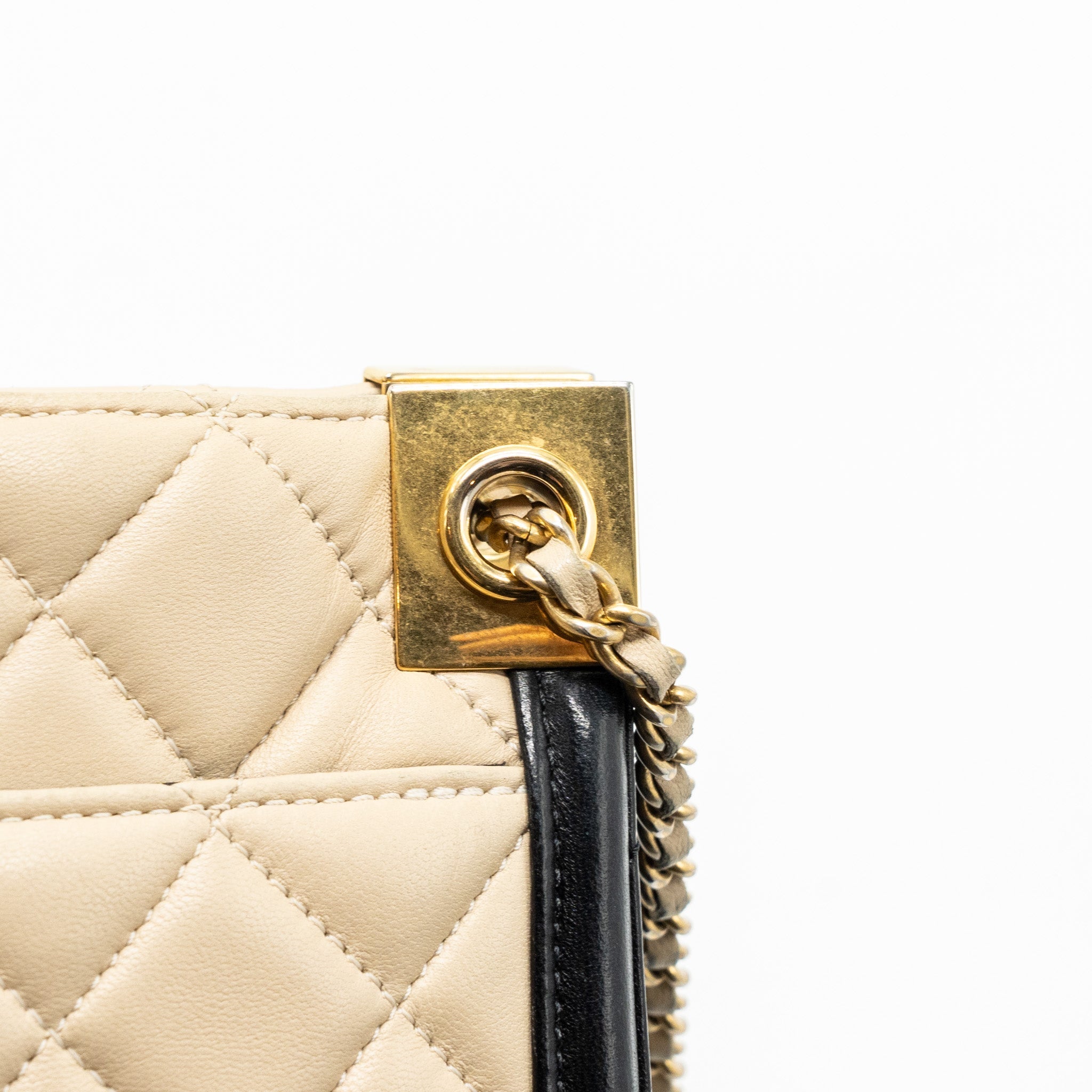 CHANEL QUILTED SMALL SHOPPING TOTE BAG LAMBSKIN BEIGE / BLACK GHW