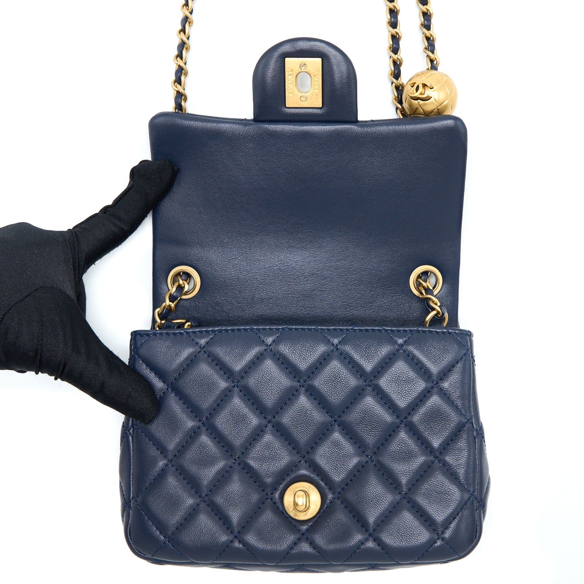 CHANEL PEARL CRUSH MINI SQUARE LAMBSKIN NAVY BRUSHED GHW