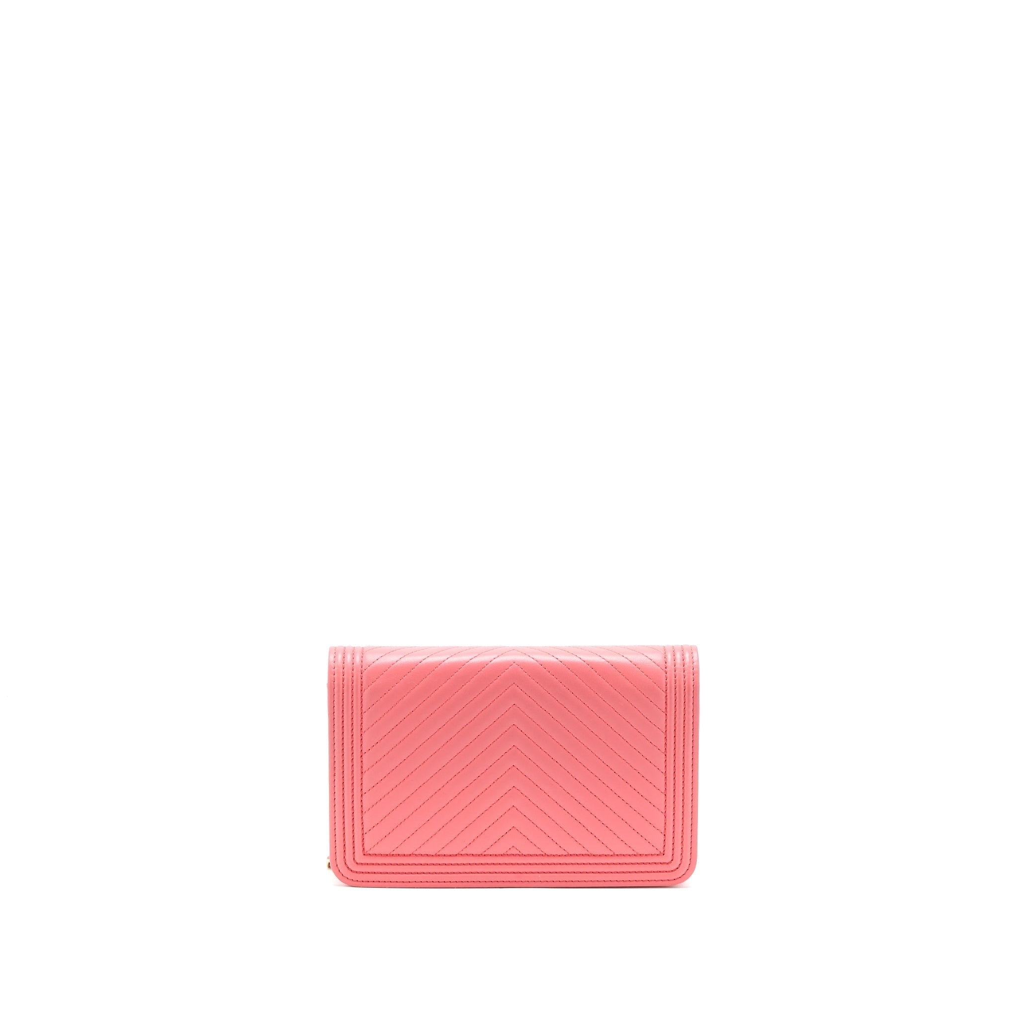 CHANEL BOY WALLET ON CHAIN CHEVRON CALFSKIN PINK LGHW
