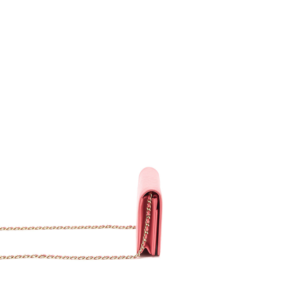 CHANEL BOY WALLET ON CHAIN CHEVRON CALFSKIN PINK LGHW