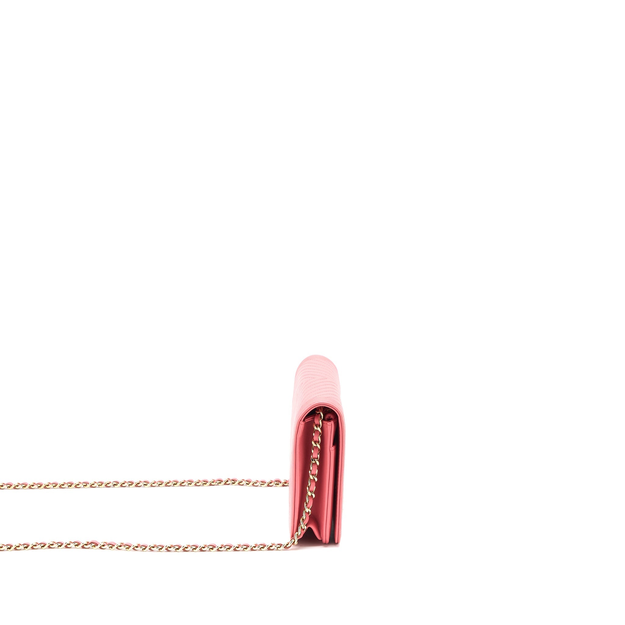 CHANEL BOY WALLET ON CHAIN CHEVRON CALFSKIN PINK LGHW