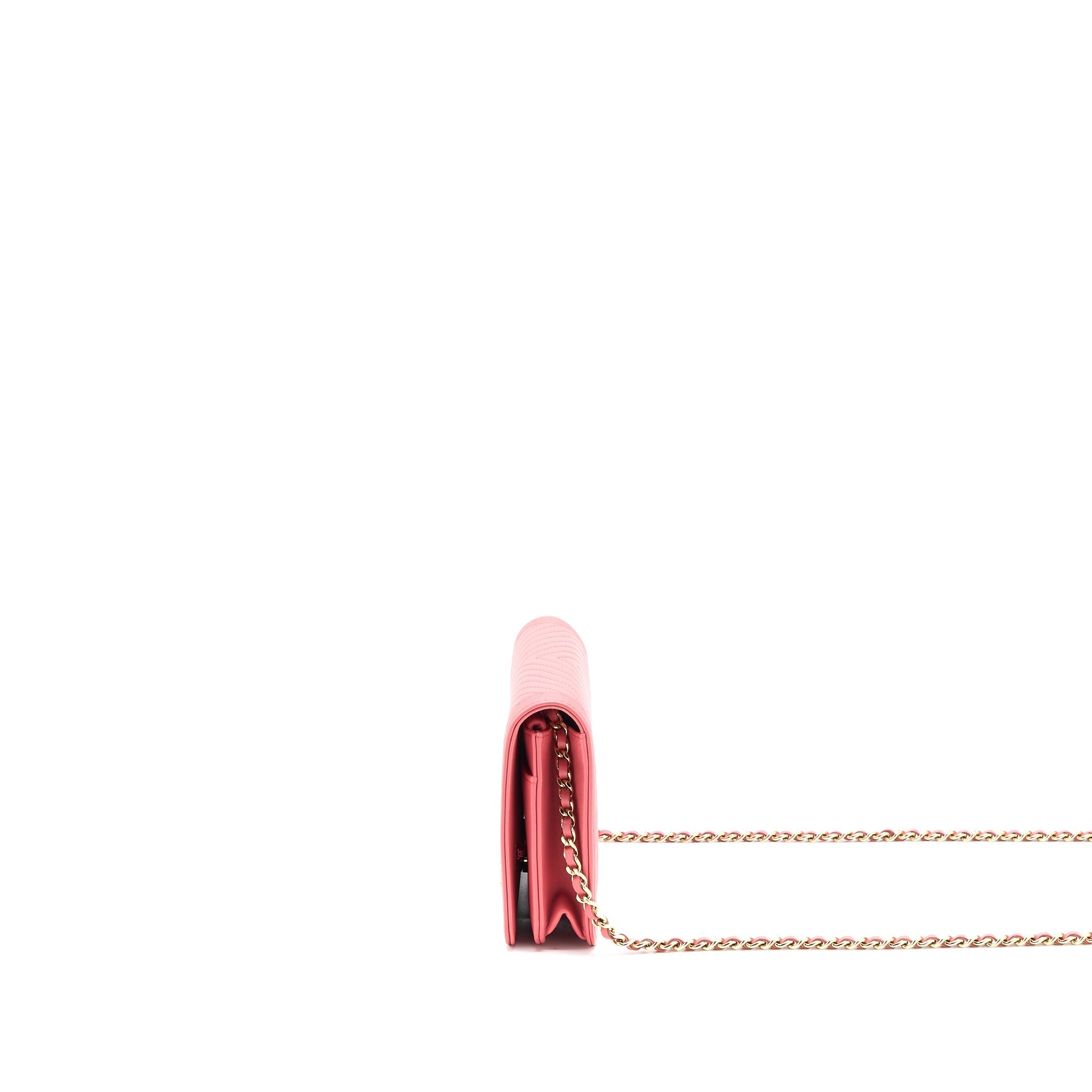 CHANEL BOY WALLET ON CHAIN CHEVRON CALFSKIN PINK LGHW