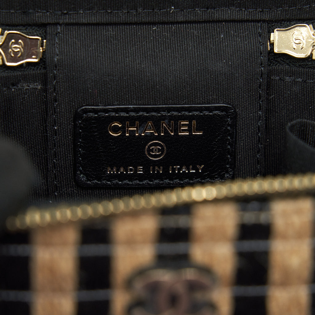 CHANEL SMALL VANITY WITH CHAIN RAFFIA BLACK BEIGE STRIPE