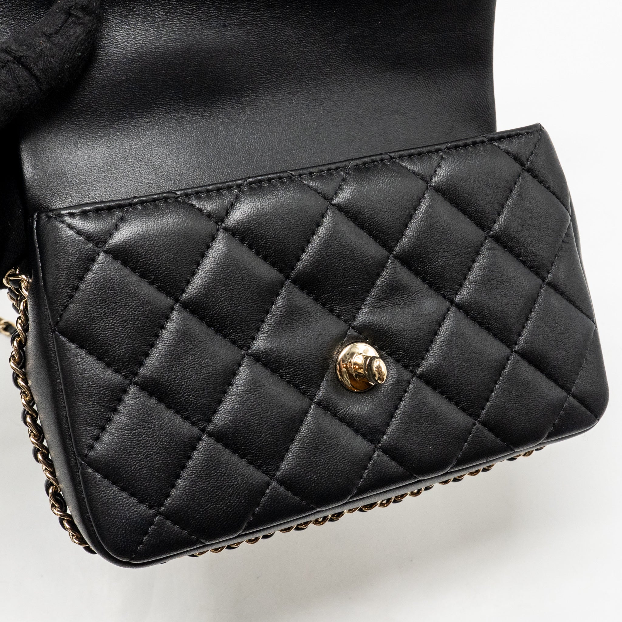 CHANEL QUILTED FLAP BAG WITH PEARL DETAILED CHAIN LAMBSKIN BLACK LGHW