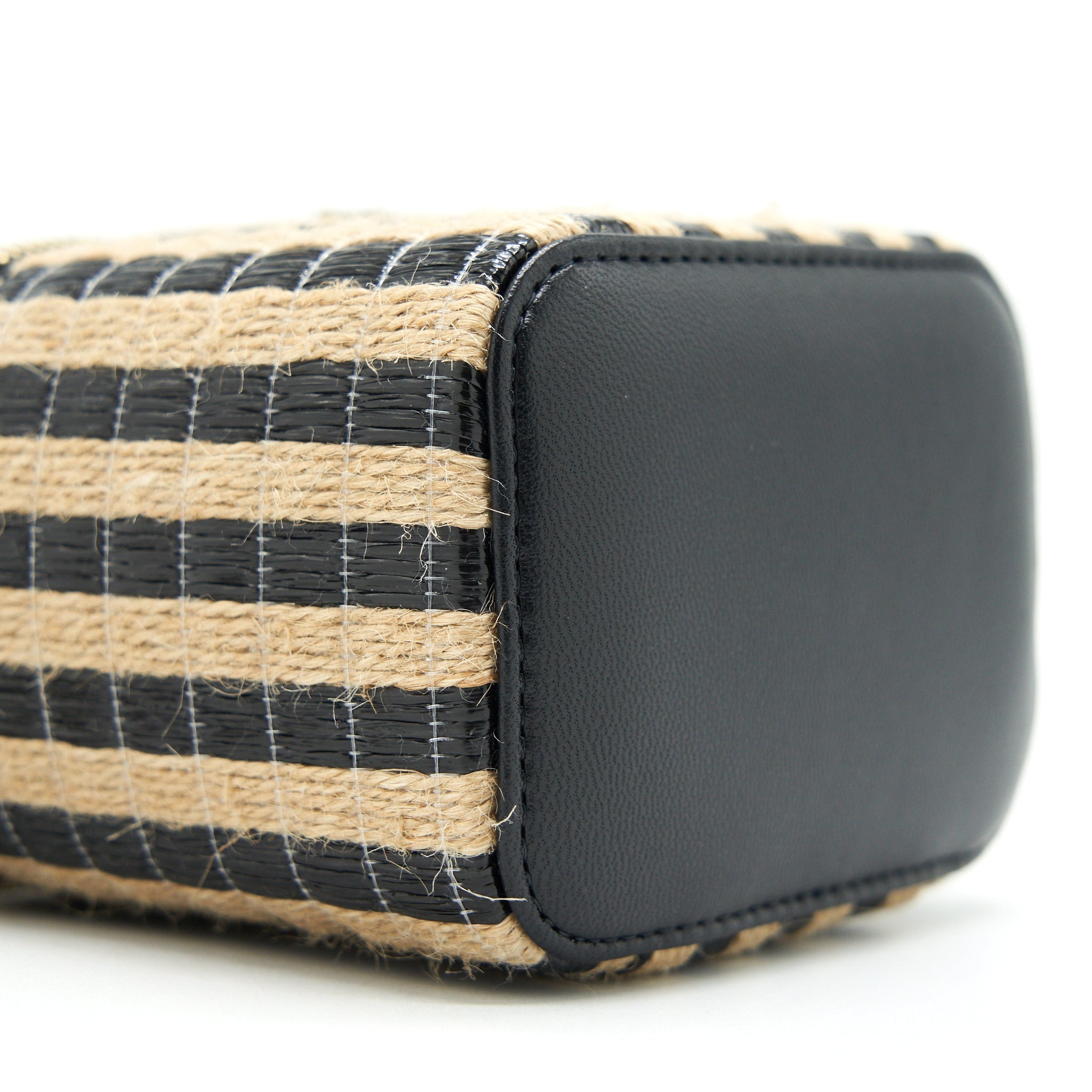 CHANEL SMALL VANITY WITH CHAIN RAFFIA BLACK BEIGE STRIPE