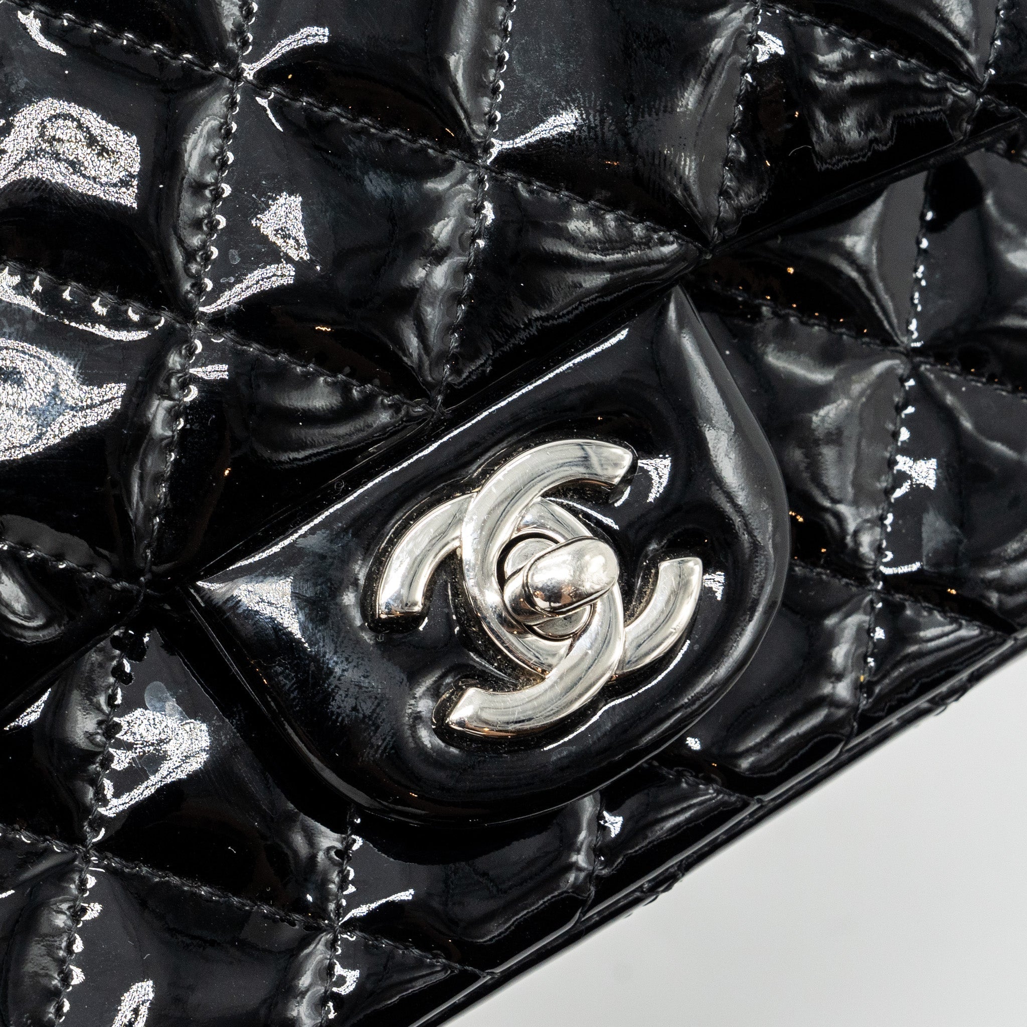 CHANEL CLASSIC MINI SQUARE FLAP BAG PATENT BLACK SHW