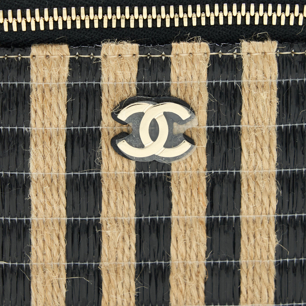 CHANEL SMALL VANITY WITH CHAIN RAFFIA BLACK BEIGE STRIPE