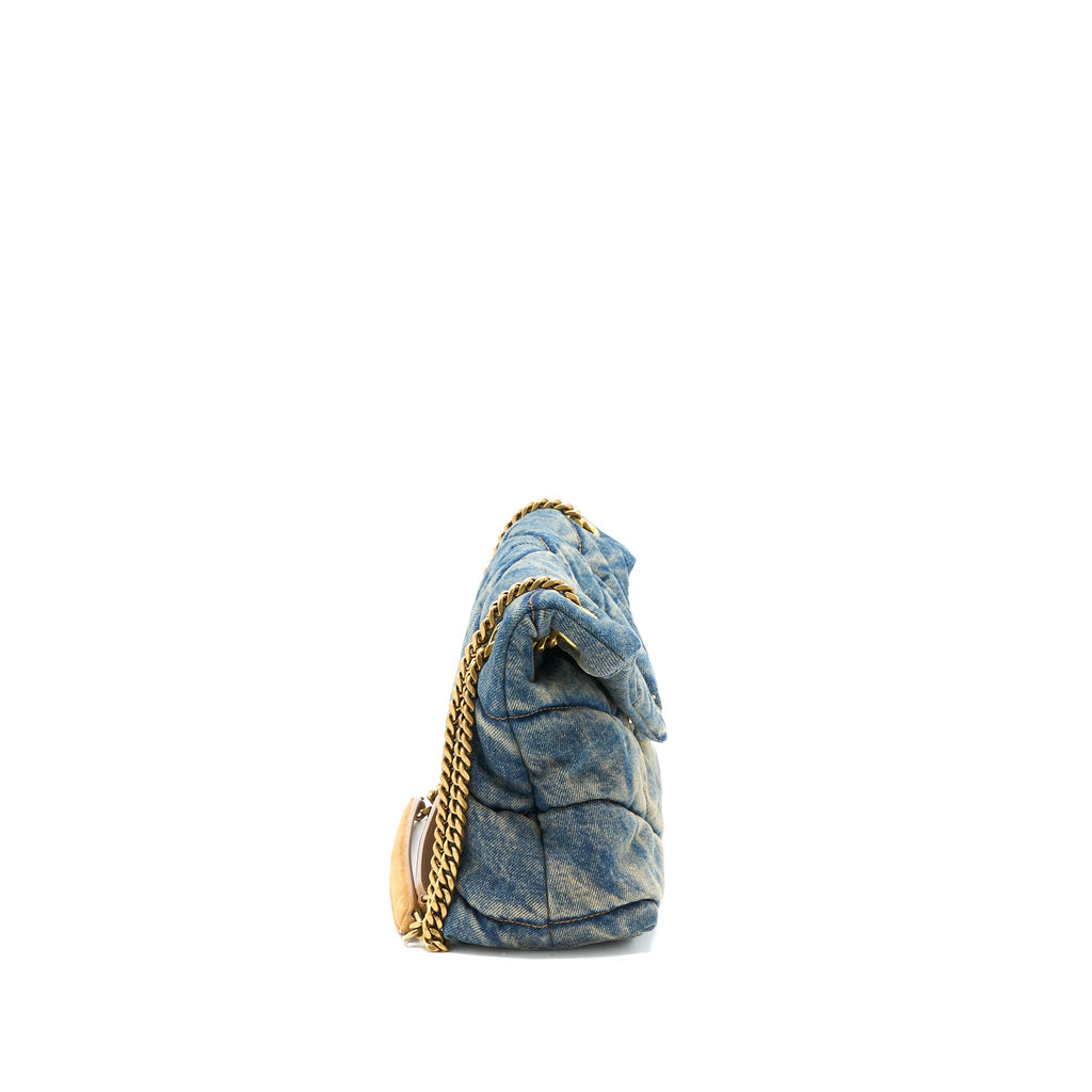SAINT LAURENT SMALL PUFFER CHAIN BAG DENIM/SUEDE BLUE RUTHENIUM GHW