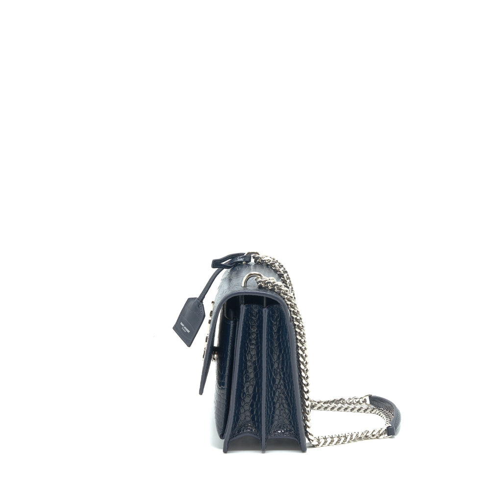 SAINT LAURENT MEDIUM SUNSET BAG CROC EMBOSSED CALFSKIN DARK BLUE SHW